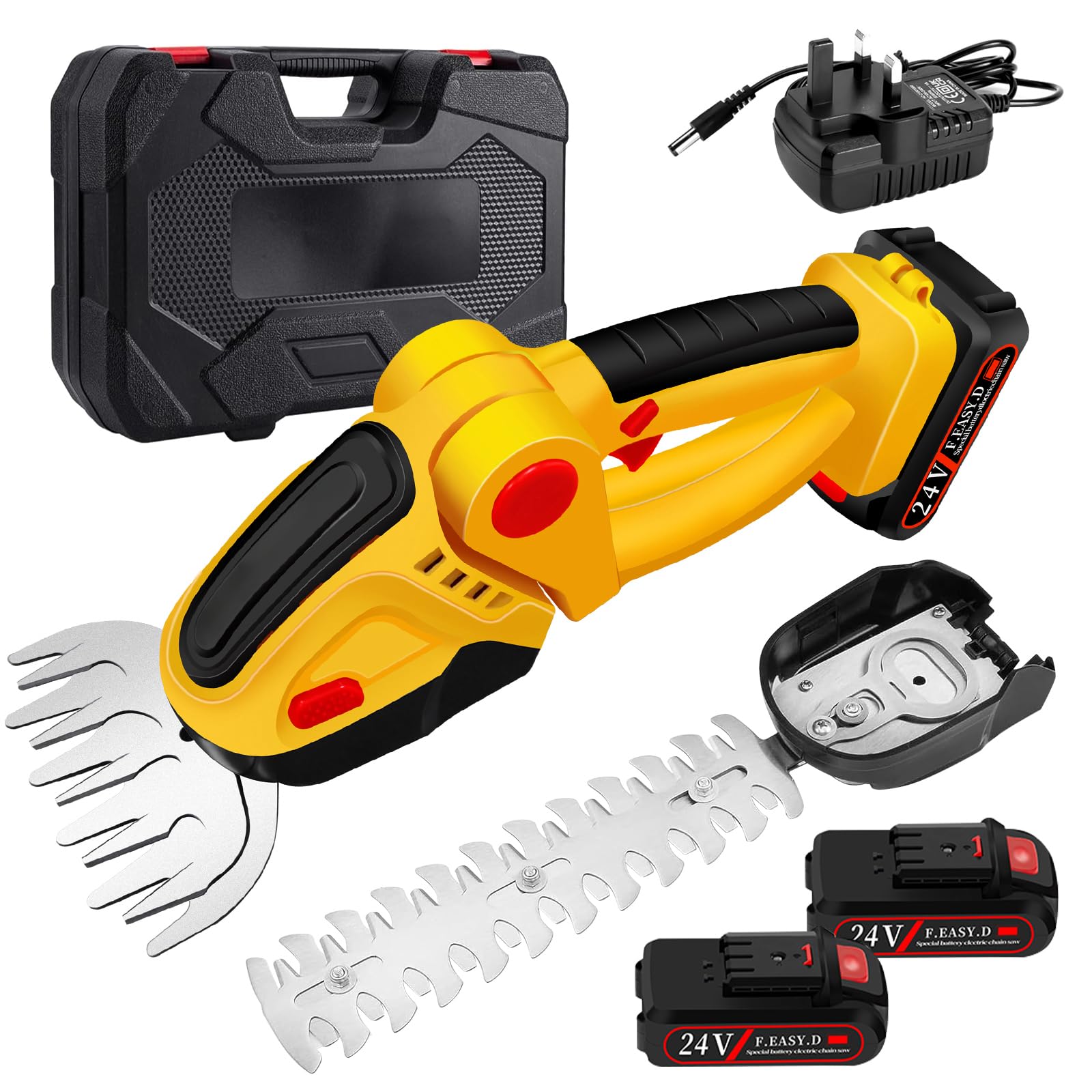 Cordless Hedge Trimmer with Storage Case, 24V 2 in 1 Electric Hedge Trimmer and Grass Shear, Complete Kit with 2 x 1500mAh Batteries & Charger, 90° Adjustable Head for Garden, Lawn, Shrub Trimming