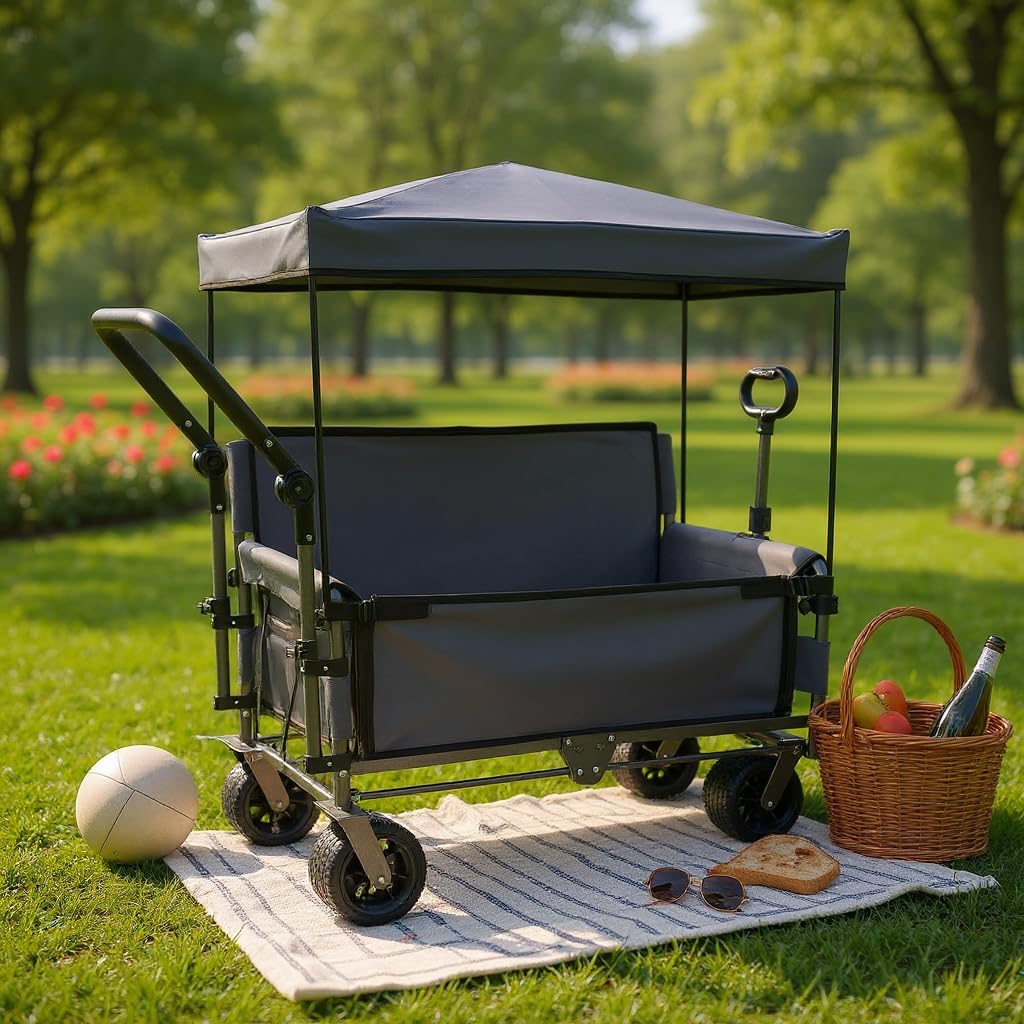 3-in-1 Heavy-Duty Folding Wagon Cart with Adjustable Canopy & Bench Seat – 500lbs Capacity, All-Terrain Utility Cart for Camping, Beach, Sports, Garden Storage (Gray)