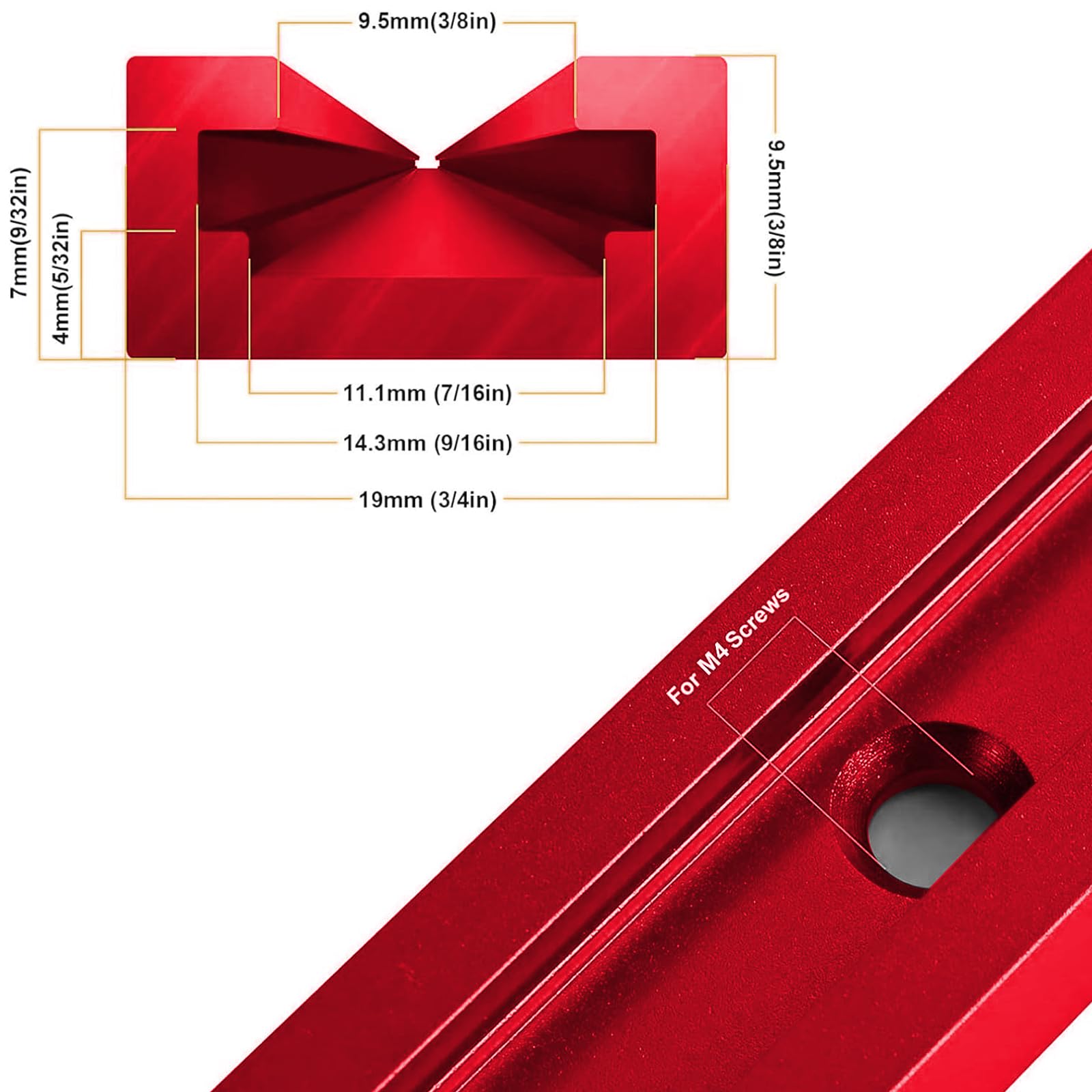 iMetrx T Tracks Woodworking Aluminum 48 inch 1220 mm Red 4 Pcs Double Cut Profile Universal with Predrilled Mounting Holes for Universal T-Track Accessories - Image 3