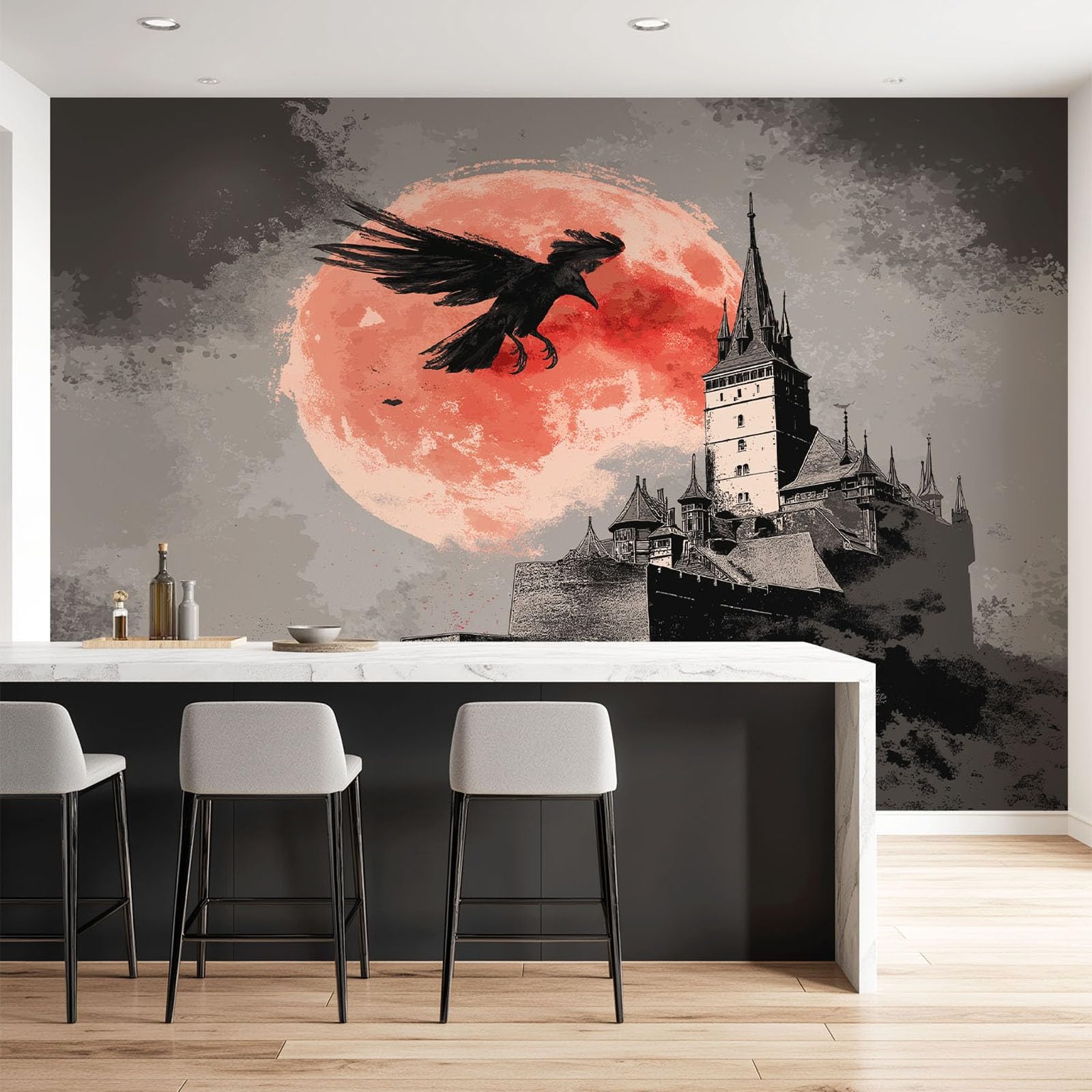 Tapeta ścienna, gotycki, czerwony księżyc, 300 x 210 cm, tapeta z włókniny do gabinetu, sypialni, tapeta z włókniny jako obraz ścienny ze starym zamkiem, kruk, w kolorze ciemnoszarym, bogaty w
