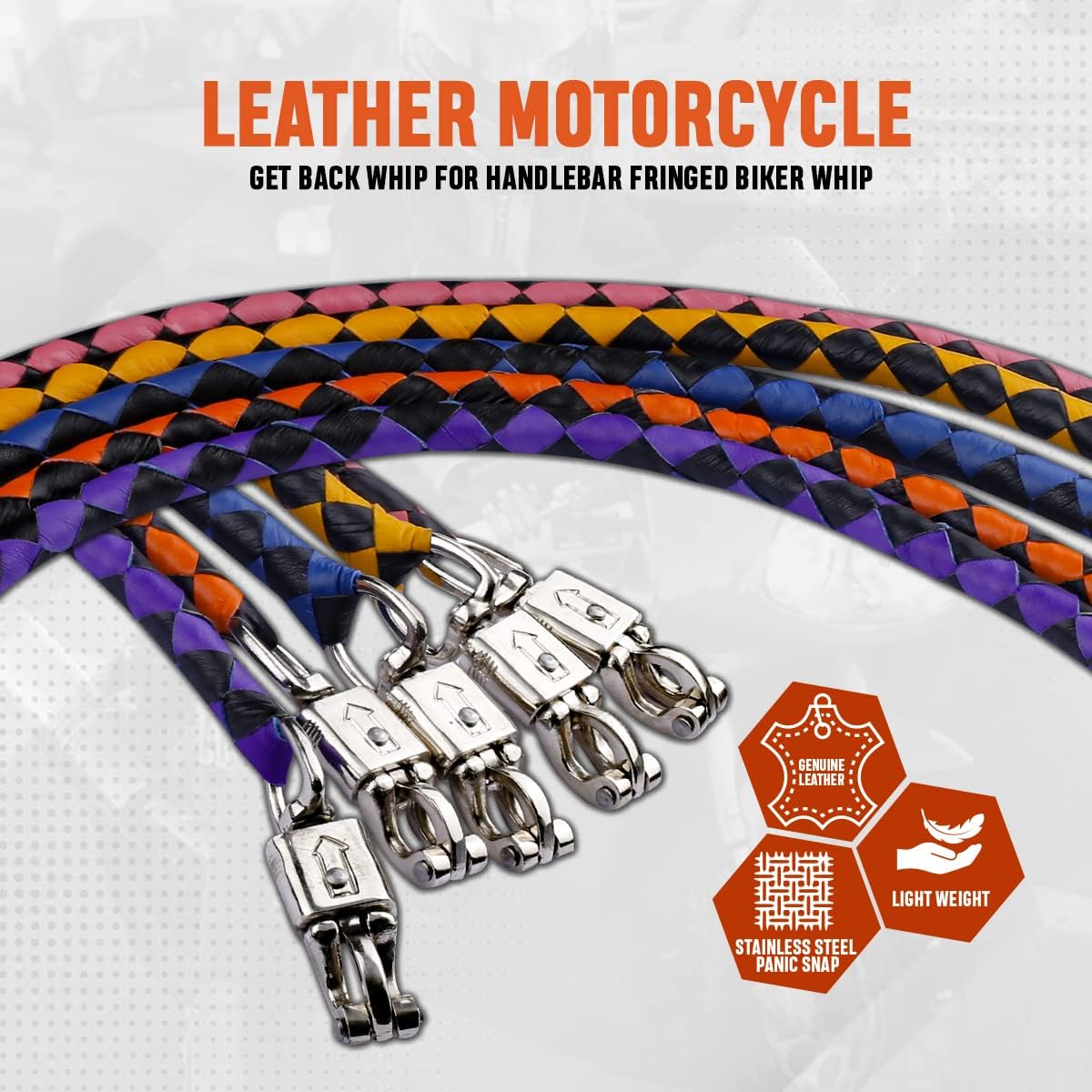 HADZAM Genuine Leather Motorcycle Get Back Whip 42” for Handlebar with Fringes and Quick Release Clasp (Black, 42 Inch (Skulls on Fringes))