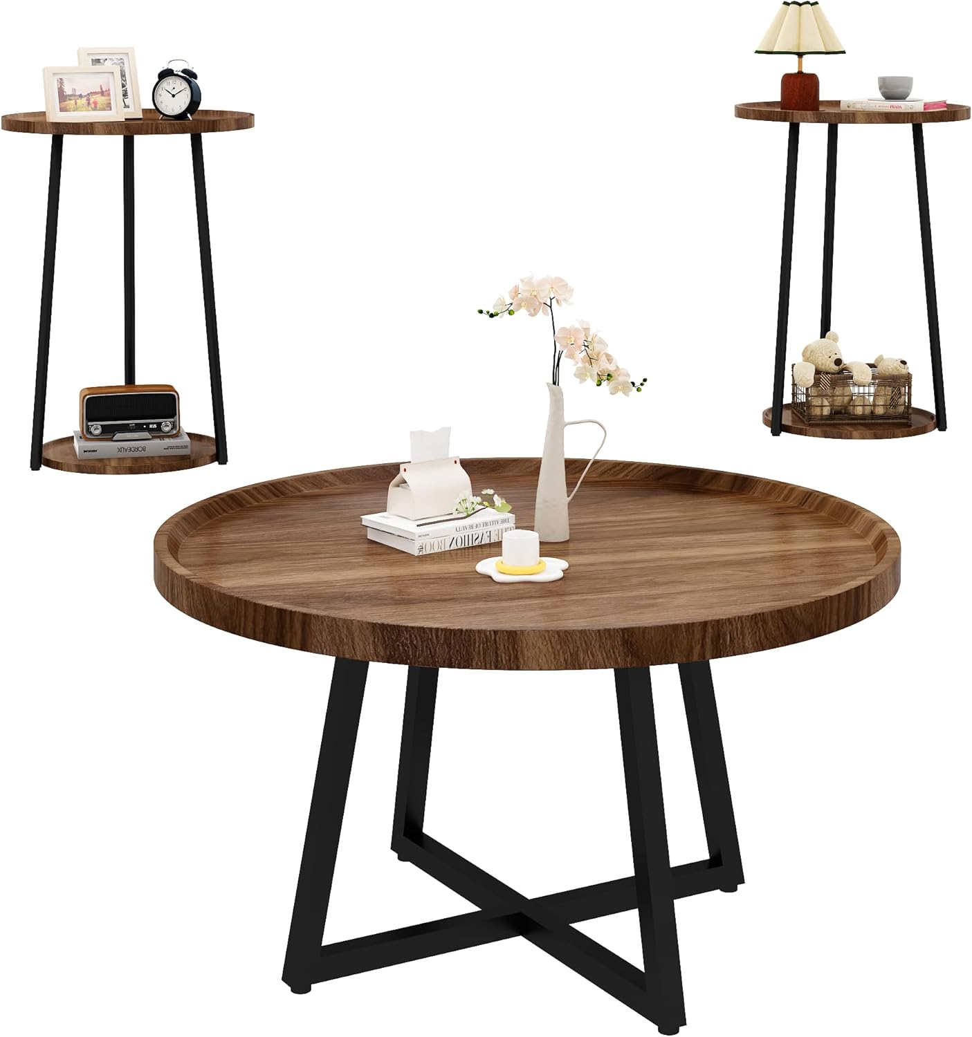 AWQM Coffee Table Set of 3, Vintage Wood Coffee Table & 2 Round End Side Tables, Easy Assembly Living Room Table Set and 2 End Tables, Suitable for Offices, Living Rooms and Apartments, Brown