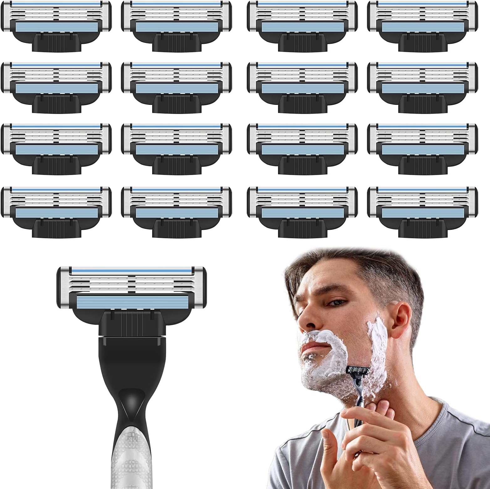 16 Pcs Razor Blades Refills Compatible with Gillette Mach 3, Daily Replacement Blade, 3-Layer Manual Universal Shaver Blades with Precision Trimmer, Beard Razors Blades for Men Father Boyfriend