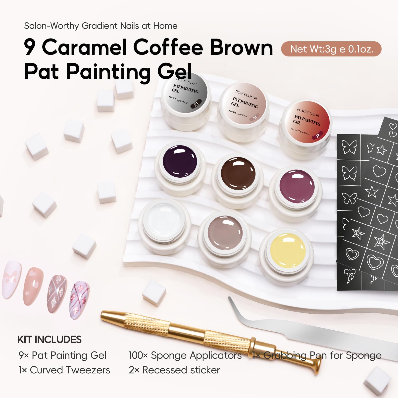 PEACECOLOR 9 Farben Ombre Gel Nagellack Set für Farbverlauf Nageldesign Malerei mit 100Pcs Nagelschwämmchen, Painting Gel Nail Art Manicure DIY Kit