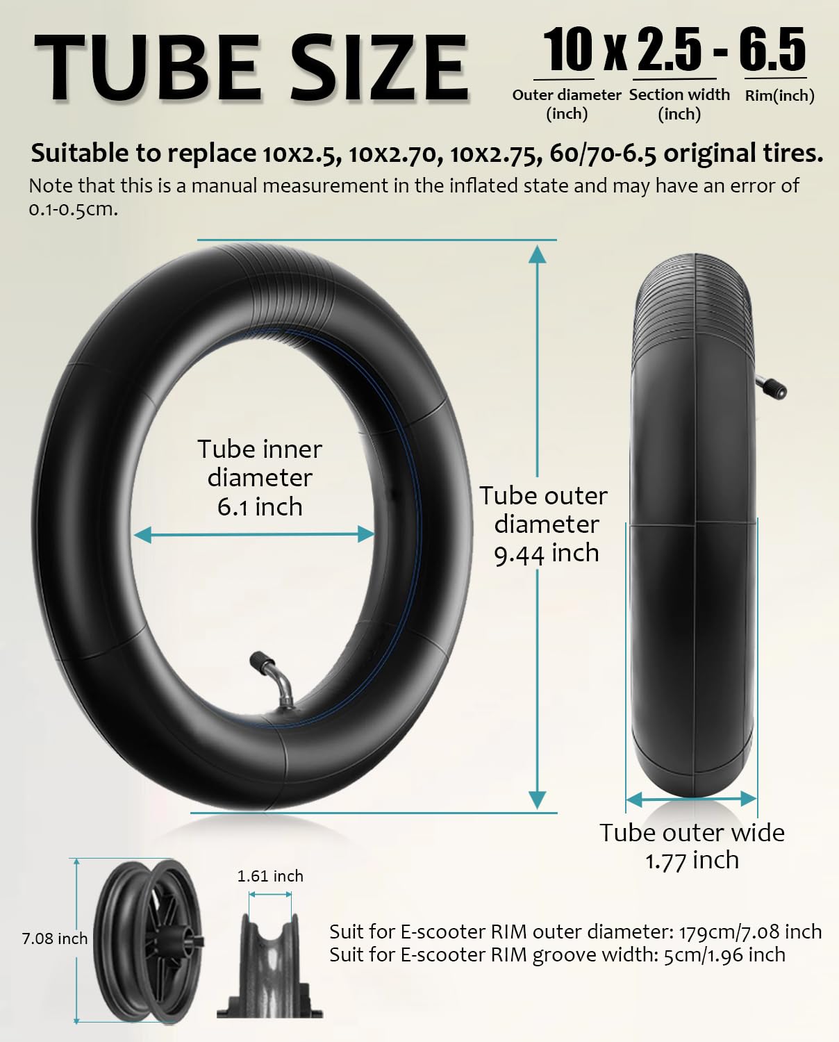 GLDYTIMES 10 inch Scooter Tire 10X2.5 60/70-6.5 Rubber Inner Tube Replacement for Ninebot Max G30P G30LP, Zero 10x, HIBOY MAX3, Yume D4, Hover1 Alpha Electric Scooter Thickened wear-resistant Wheel