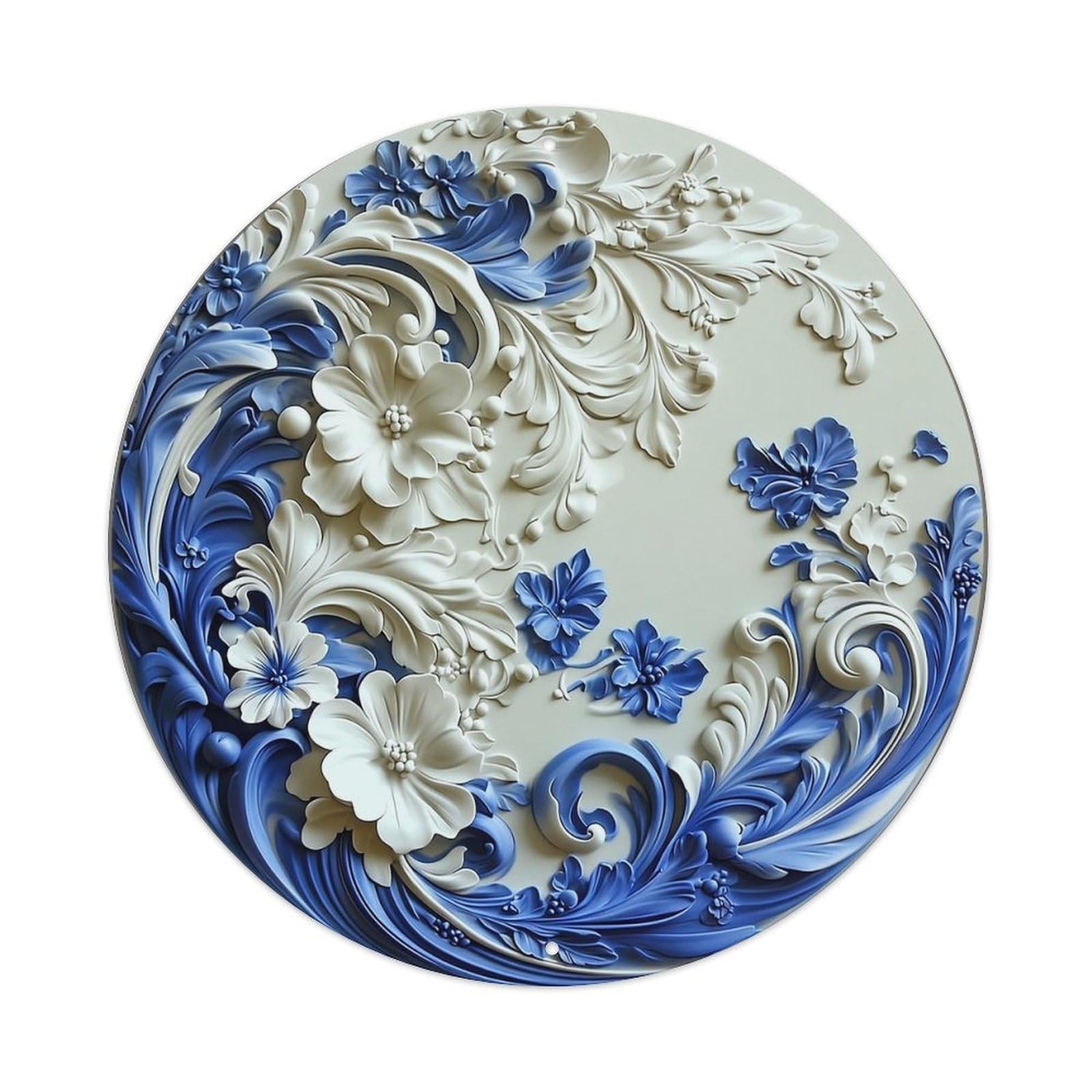 Blue And White Floral Relief Pattern Metal Tin Sign Plaque