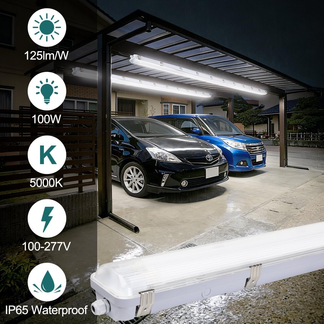 kadision 8FT Vapor Tight LED Light Fixture with 2X T8 Tubes, 100W 12500lm 5000K Daylight 100-277V, Surface Mount IP65 Vapor Lights for Car Wash, Garage, Warehouse, 4-Pack