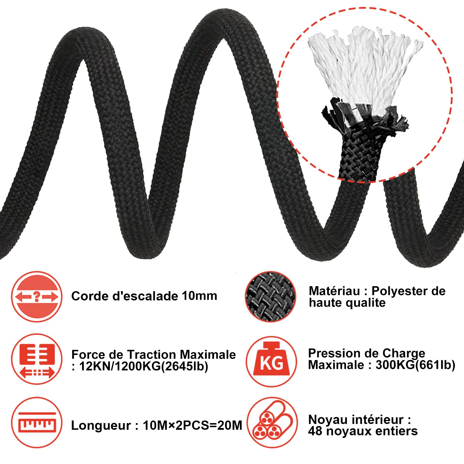 SENENQU 2 Piezas Cuerda de Escalada 10 m 10 mm con 4 Mosquetones, Cuerda Escalada Estática con Bolsa Reflectante, Carga 12KN para Camping, Rescate, Senderismo y Actividades al Aire Libre