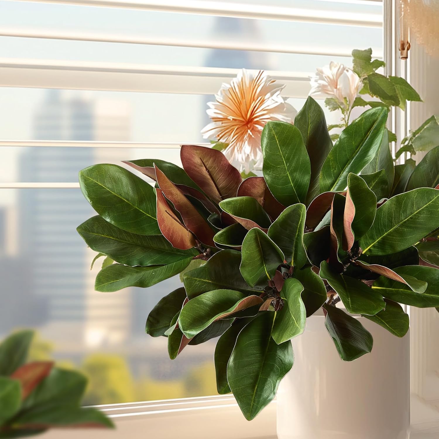 4 Pcs Magnolia Artificial Leaves Branches 22 Inch 3D Real Touch Faux Magnolia Stems Fake Magnolia Twigs for Indoor Outdoor Vase Filling Home Wedding Floral Arrangement Decoration