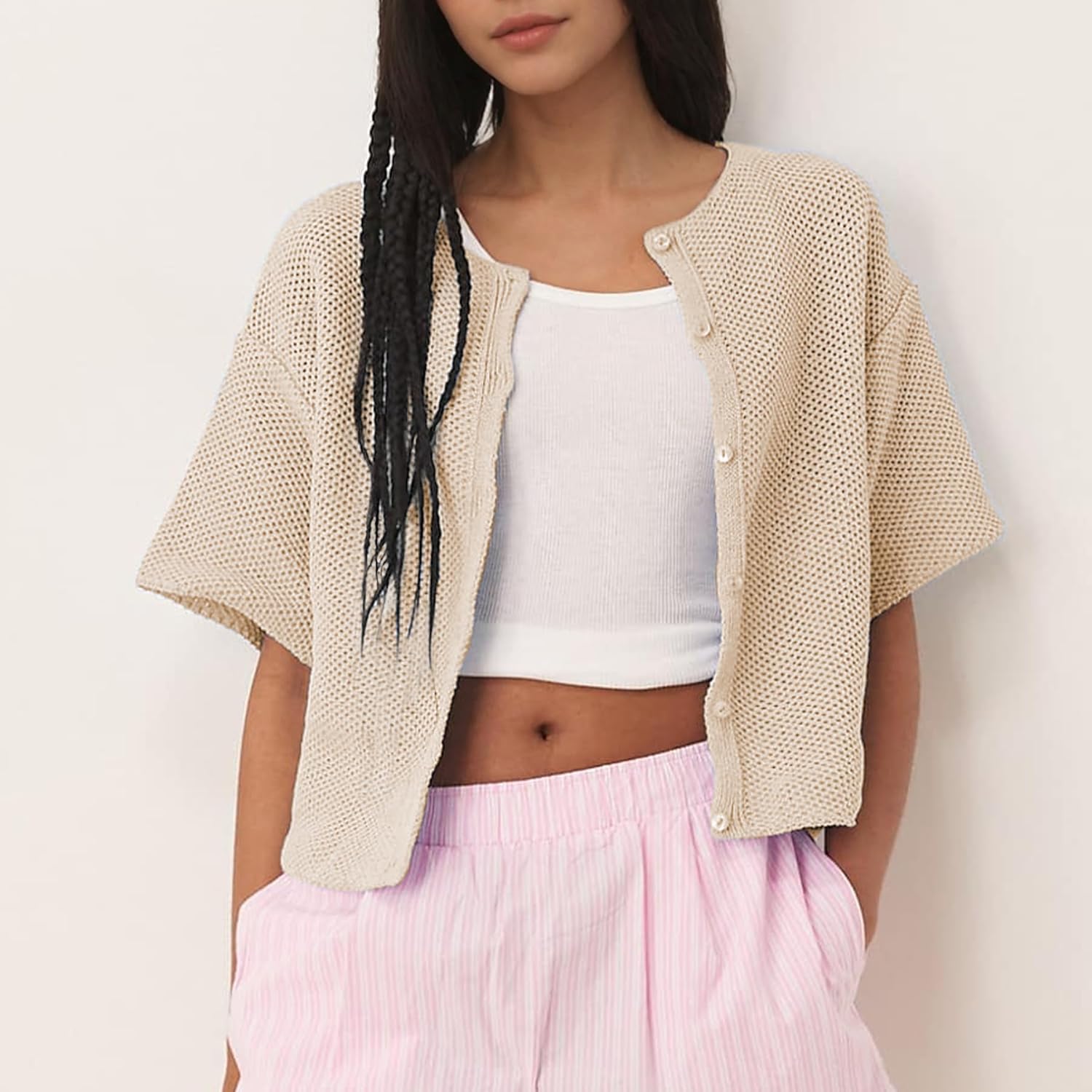 Ainangua Womens Casual Cardigan Summer Short Sleeve Crew Neck Button Down Knit Sweater Tops Lightweight Travel Outfits(Oatmeal,S) - Image 5