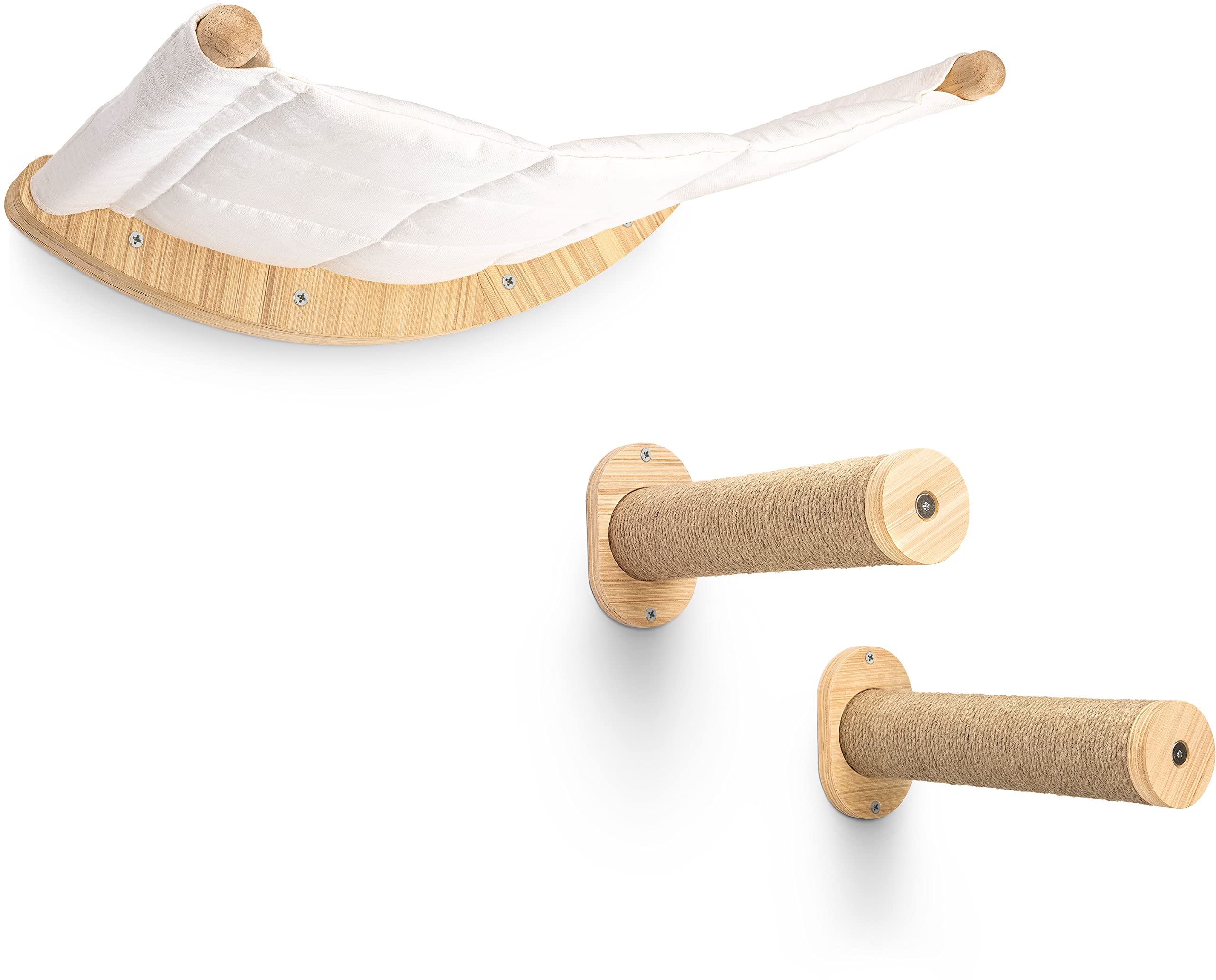 AZANO® Kletterwand Katzen | Katzenhängematte XL [Extra Stabil und Groß] mit Katzentreppe für die Wand | Katzenleiter mit Schlafplatz | Katzenbett zum Klettern aus Natur-Holz | 3-Teilig