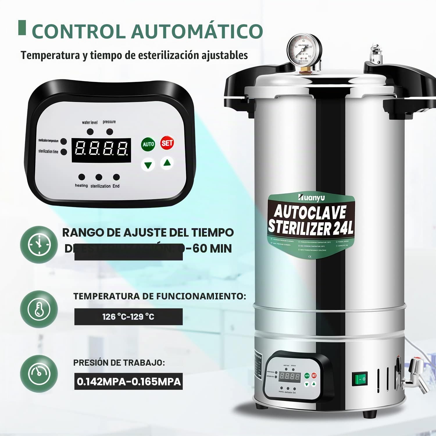Huanyu 24L Autoclave Esterilizador Automático Autoclave de Vapor Control Inteligente Autoclaves Eléctricos de Laboratorio Esterilizador de Vapor de Alta Presión Ajustable en Temperatura y Tiempo