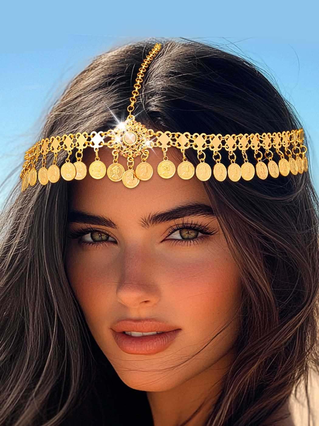 IYOU Coins Boho Head Chain Jewelry Gold Sequin Headpiece Vintage Forehead Costume Hair Accessories for Women - Image 3