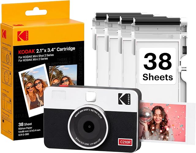 KODAK Mini Shot 2 Retro 2x3 Instant Camera, Photo Printer, 38 Sheet, White | Bluetooth, iPhone & Android Smartphone Compatible, 13MP Camera, Retake Before Printing, Water, Fingerprint & Fade Resistant