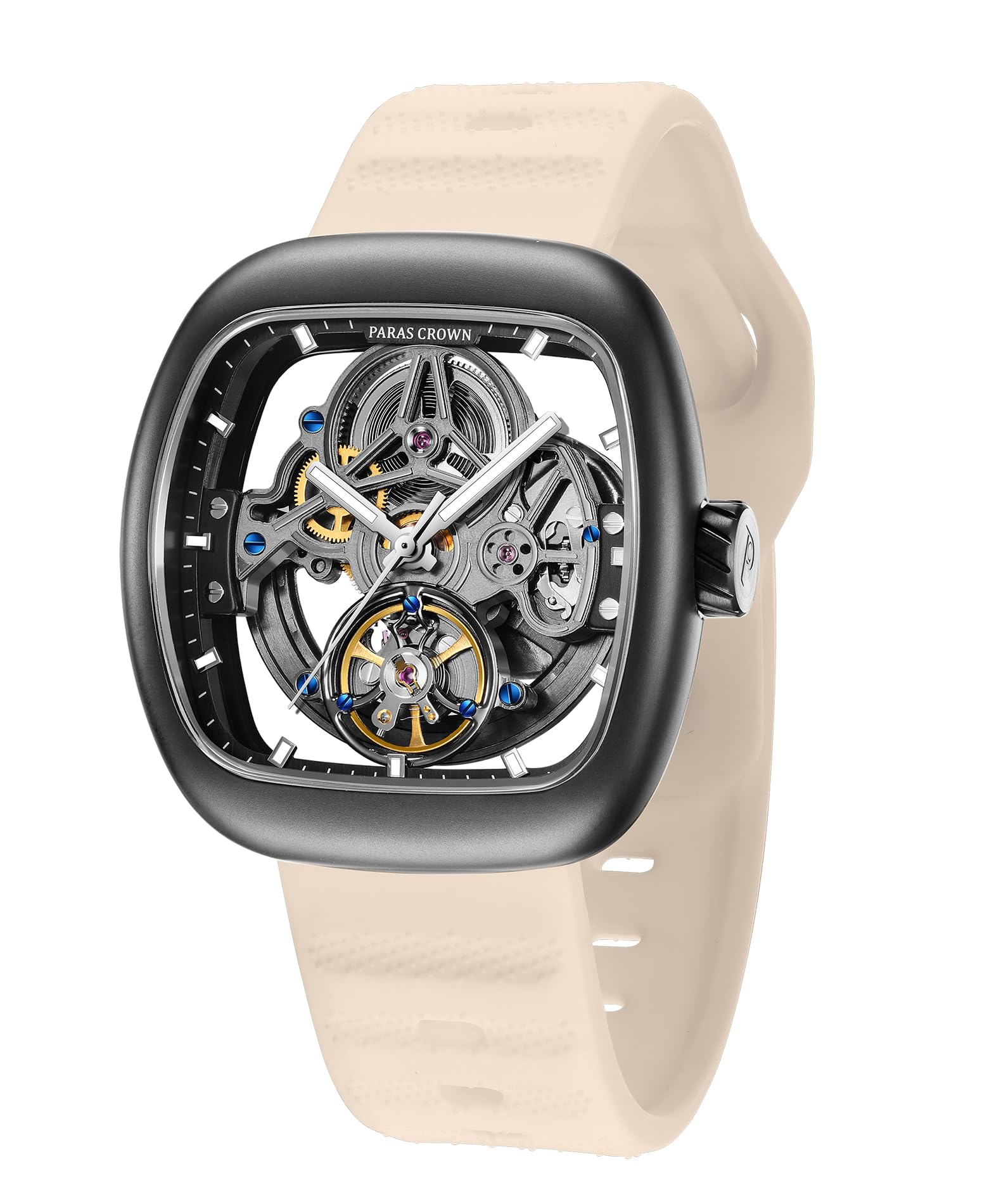Paras Crown Uhren Herren Automatikuhr mit Automatikwerk – Uhr für Herren, Silikonarmband, 5ATM wasserdicht & Leuchtzeiger Armband Uhr
