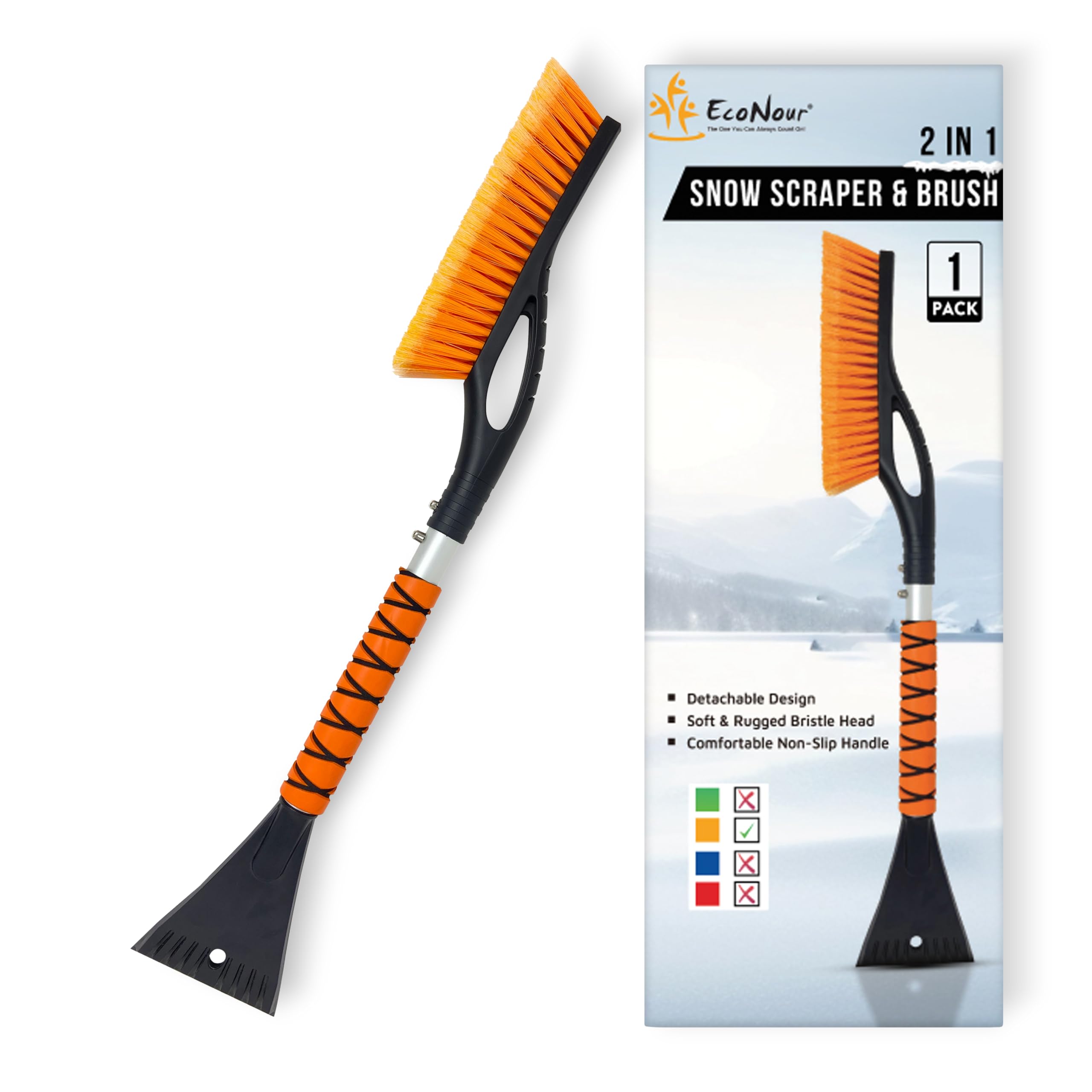 EcoNour 27" Aluminum Snow Brush with Ice Scrapers for Car Windshield and Window | Car Snow Scraper and Brush with Ergonomic Foam Grip Winter Accessories (Orange)