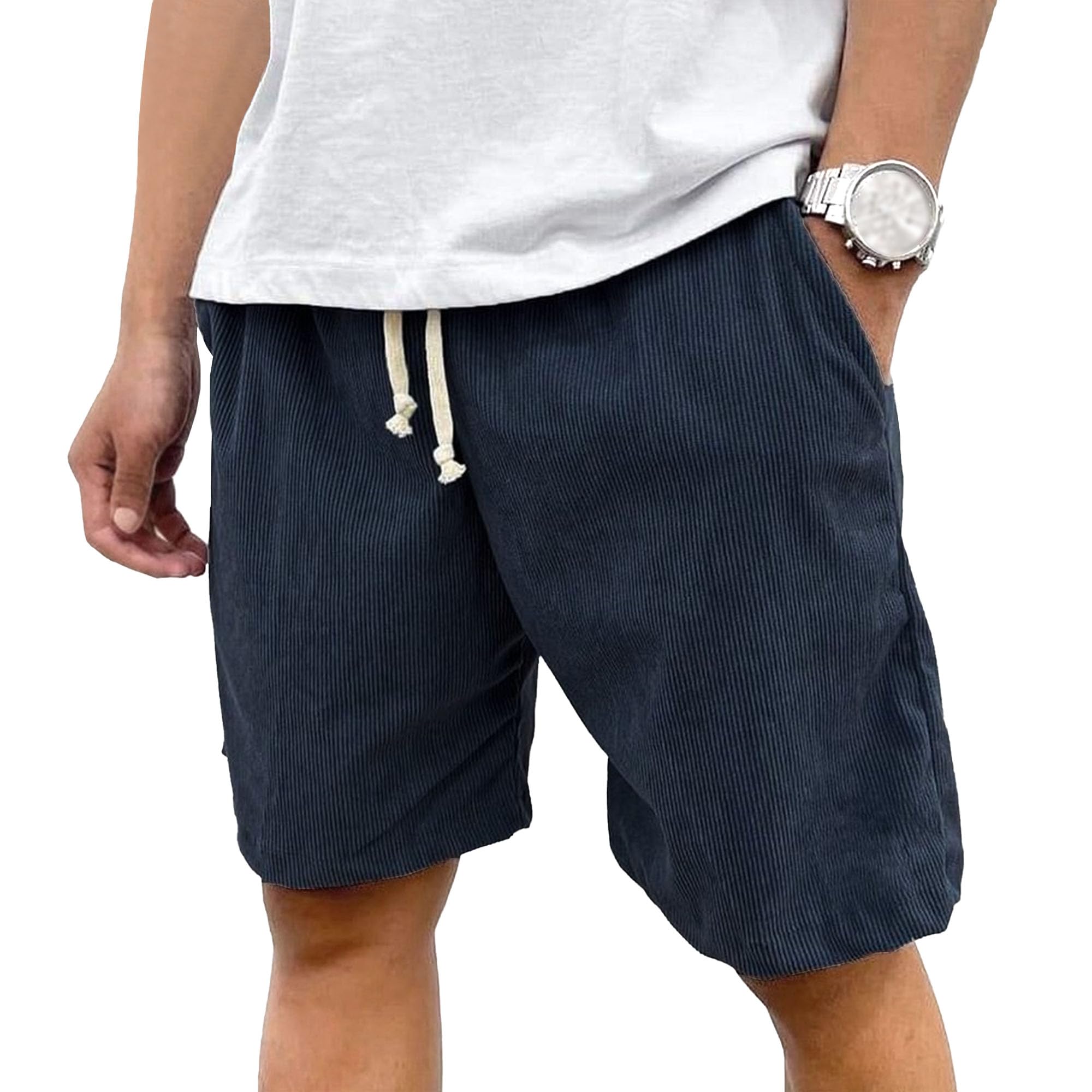Mens Corduroy Shorts Casual Short Drawstring Elastic Waist Lightweight Summer Beach Shorts Loose Fit 2025 Trendy Navy Blue