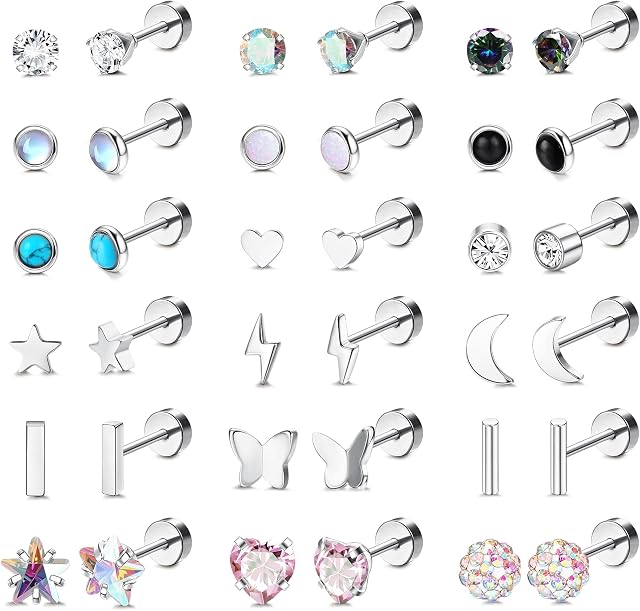 LOLIAS 18 Pairs Tiny Cartilage Stud Earrings Set for Women Men 316L Stainless Steel 20G Cartilage Helix Earrings Moon Star Heart CZ Geometric Flat Back Small Stud Earrings for Girls