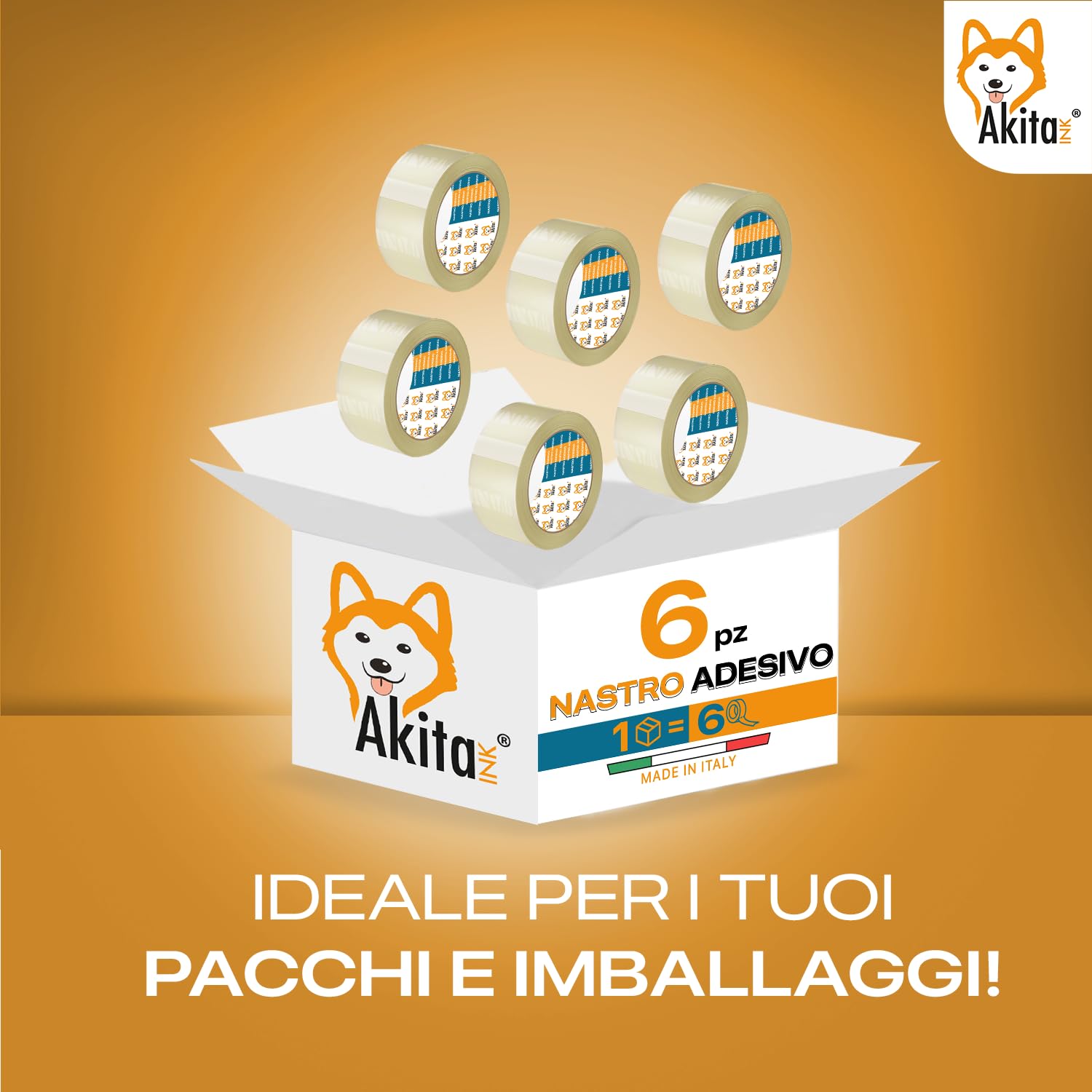 AKITAInk Nastro Adesivo Trasparente per Imballaggio 6 Rotoli – 50mm x 66m x 76mm – PP Silenzioso, Alta Aderenza, Resistente a Strappi – Ideale per Pacchi, Scatole, Spedizioni e Trasloco