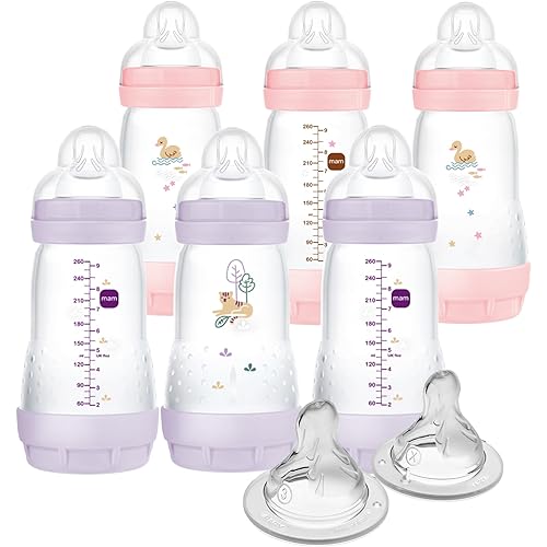 MAM 9oz Easy Start Anti-Colic Baby Bottles, Medium Flow with 2X Bonus Nipples (Fast and Extra Fast Flow), Reduces Colic, Gas, & Reflux, Easy-to-Clean, BPA-Free, 2 Plus Months