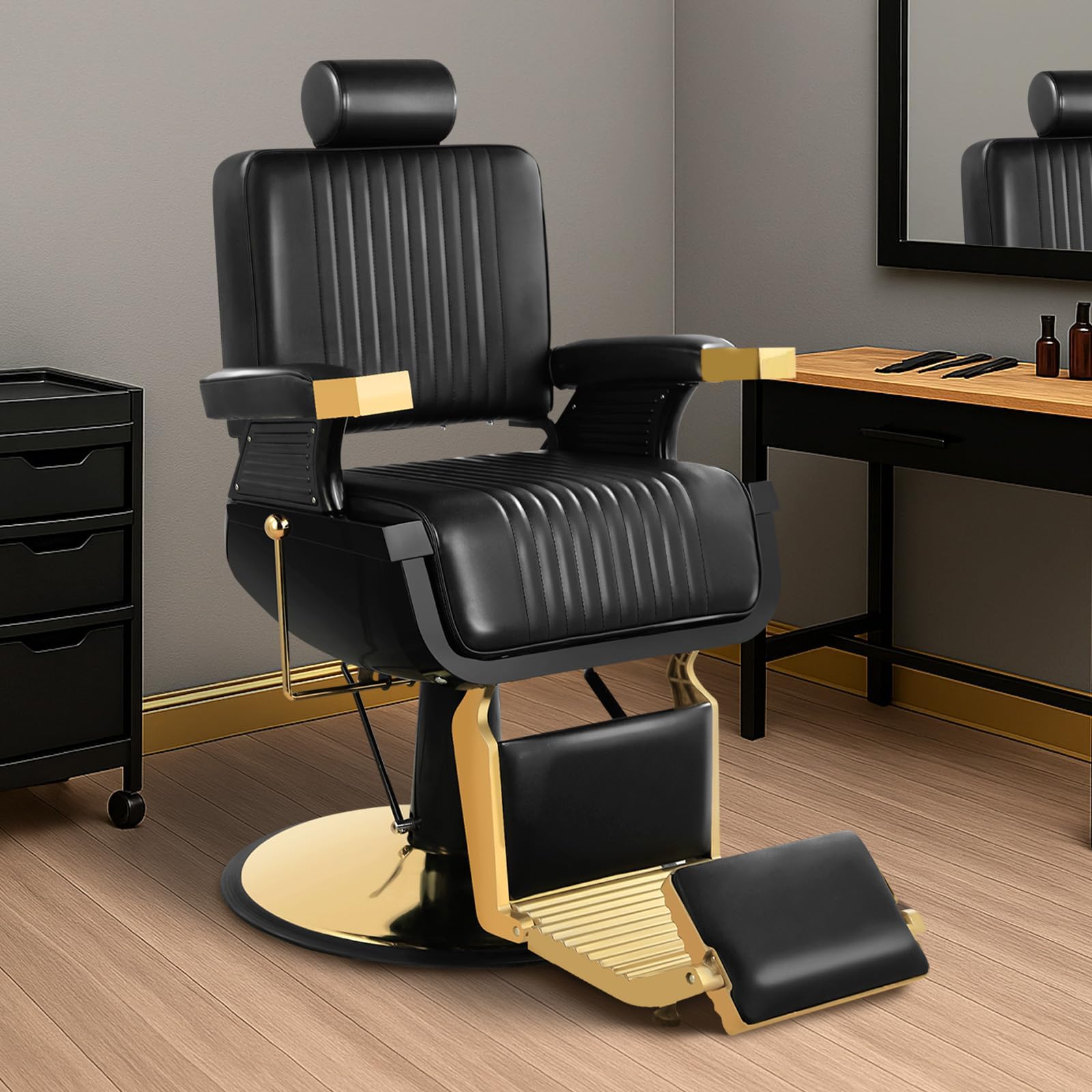 Vintage Barber Chair Heavy Duty, Recline Hair Salon Hairdresser Chair with Removable Headrest, 360 Swivel All Purpose Shampoo Beauty Salon Spa Styling Equipment for Barbershop, Black Gold