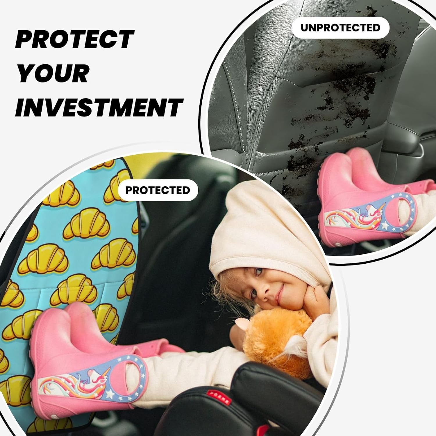 Golden Breakfast Bakery Croissant Food Pattern Car Seat Back Kick Protector 2 Pack, 18.5x26.4 Inch Anti-Kick Pad, Waterproof Oxford Fabric Large Rear Seat Cover for Kids Pets Fits SUV Jeep Tru