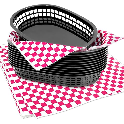 120 Sheets Pink Checkered Deli Liners and 12 Black Fast Food Baskets, Classic Deli Baskets with Pink Checkered Dry Waxed Deli Paper(12'')