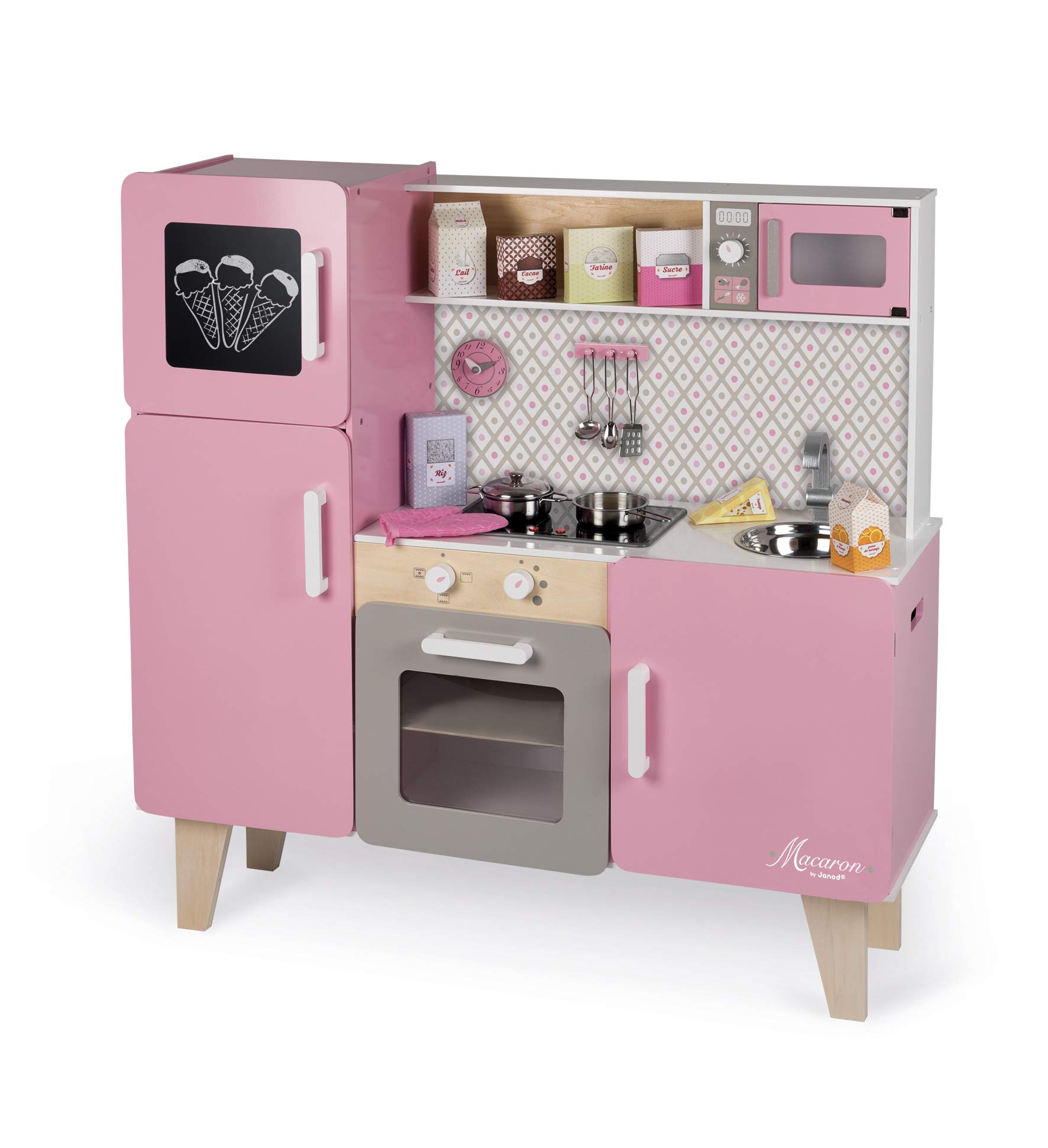 Janod - Maxi Cocina Infantil de Madera Macaron - Cocina Infantil Equipada con Nevera y Microondas - Imitación y Desarrollo - 15 Accesorios Incluidos - Desde 3 años, J06571, Rosa
