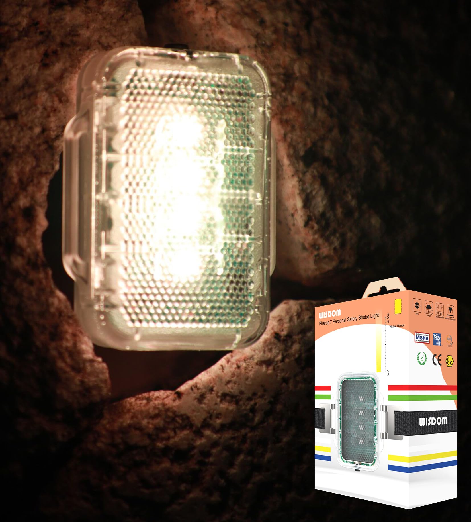 WISDOM Pharos 7 Personal Safety Light, Rechargeable Beacon Strobe Lights Visible from 400 Meters, IP68 & IP69 Water-Resistant for Underground Mining, Industrial Use, Police Patrols, Cycling. (Amber)