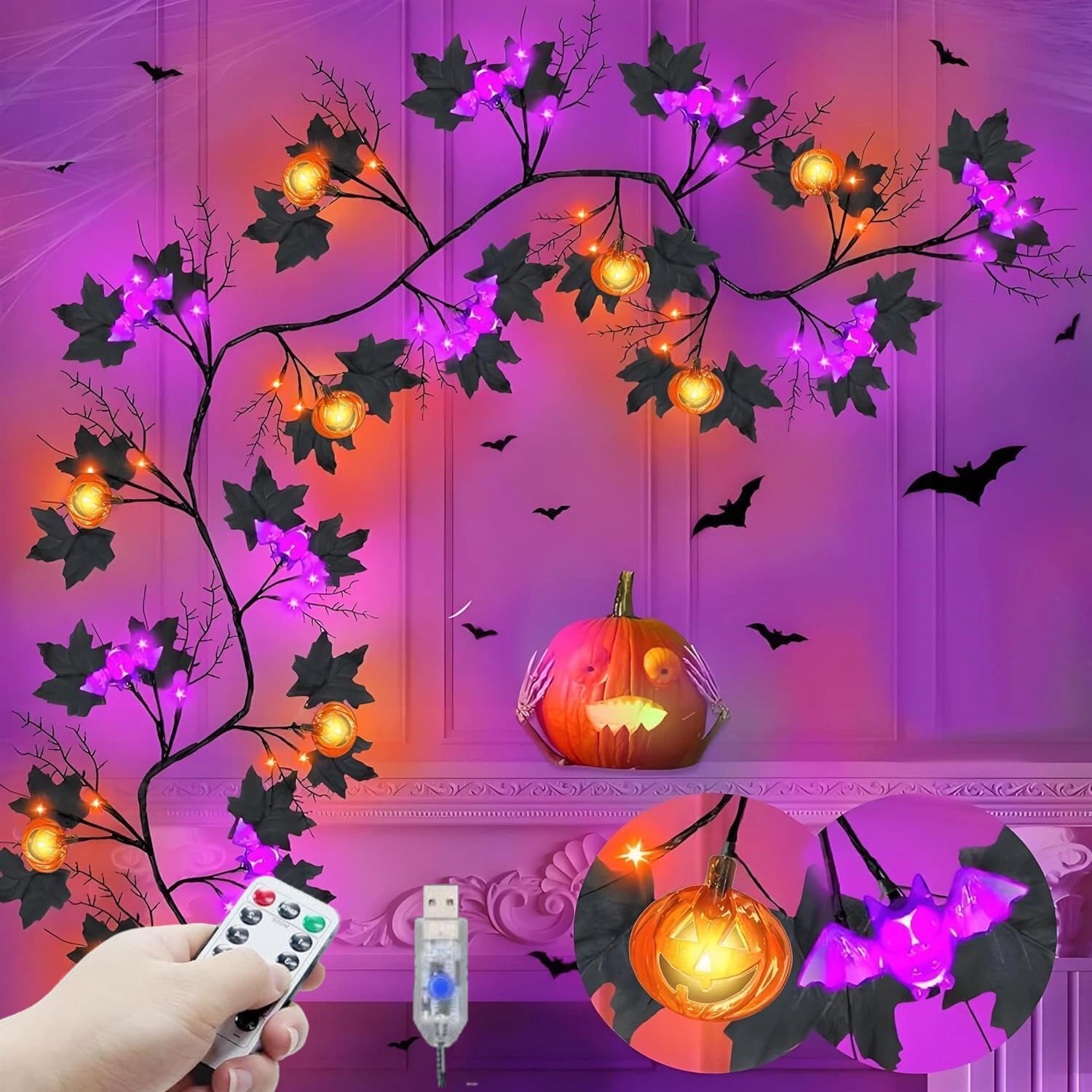 HoldOneLight 1.83M 56 LED Willow Vine Twig Schwarze Halloween-Girlande mit Kürbis, Fledermaus, orangefarbenem und violettem Licht, 8 Modi, wasserdicht, USB, Halloween-Dekoration für den Innenbereich