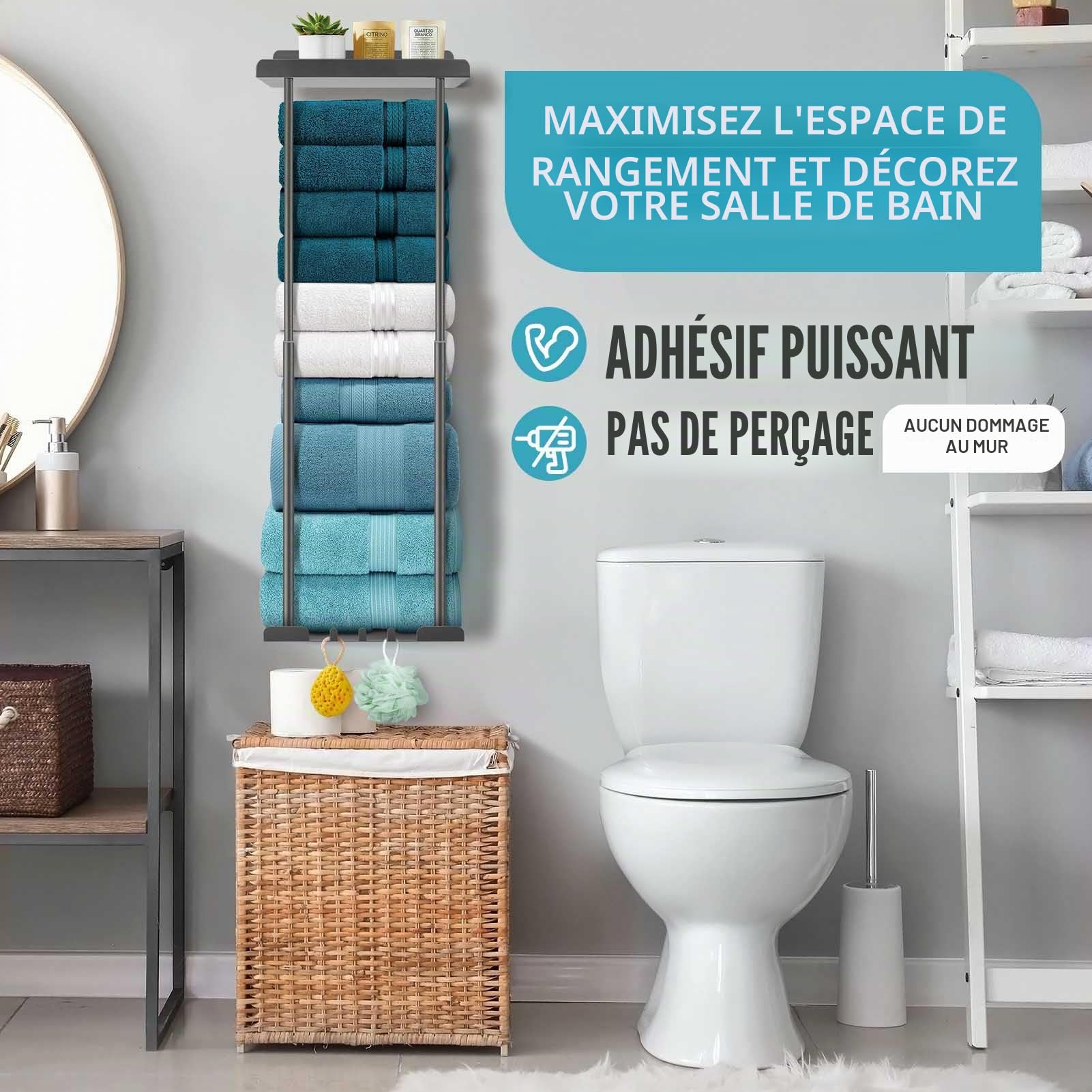 Porte Serviette Mural sans Perçage - Porte Serviette Salle de Bain- avec Patere Salle de Bain -Convient pour Le Rangement Serviette Salle de Bain