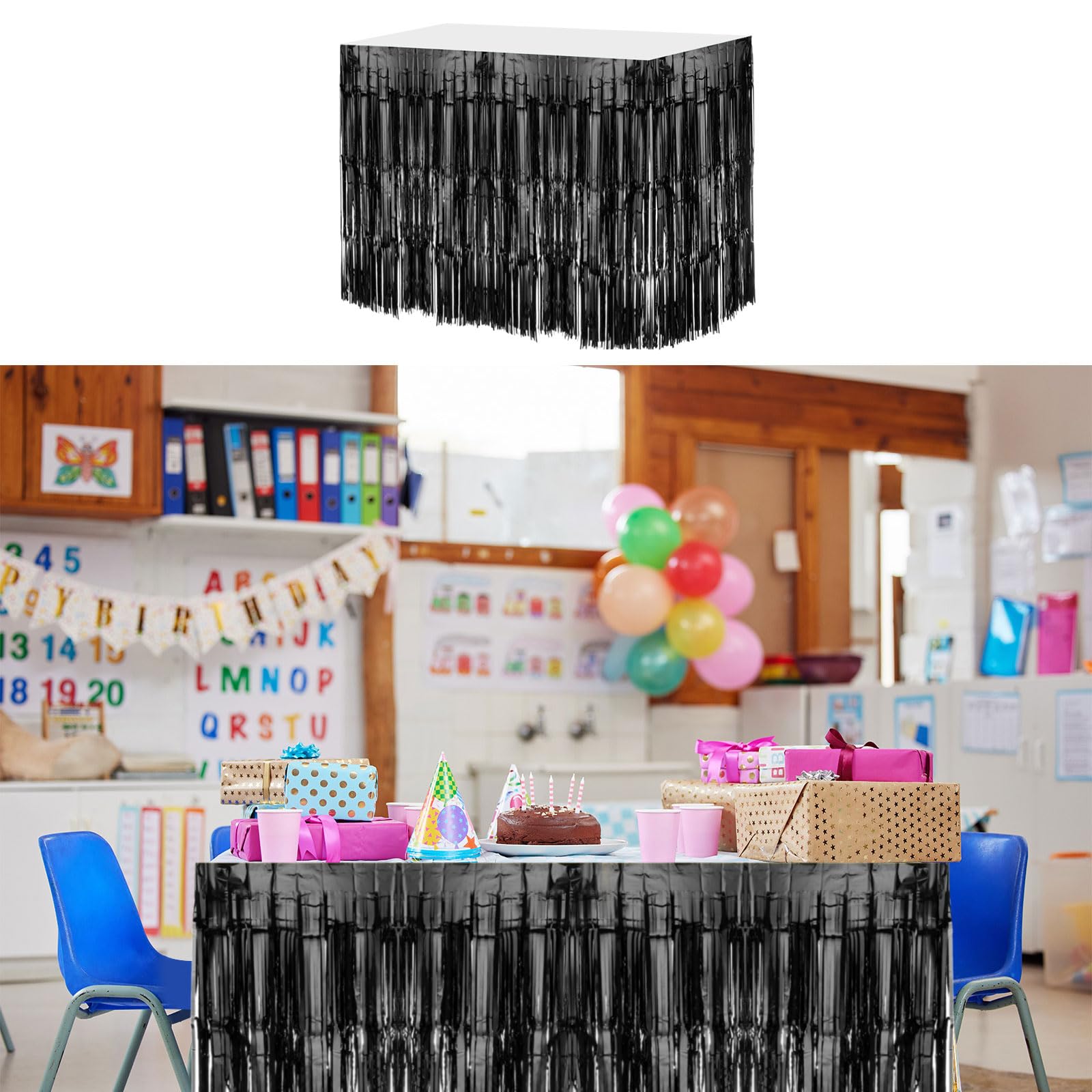 QUARKZMAN 4 Pz 29x108 Pollici Gonne Tavolo Orpelli Frange Lamina Nera Frangia Tinsel per Tavoli Rettangolari Tende Sfondo Orpelli per Decorazione Nozze, Feste Compleanno