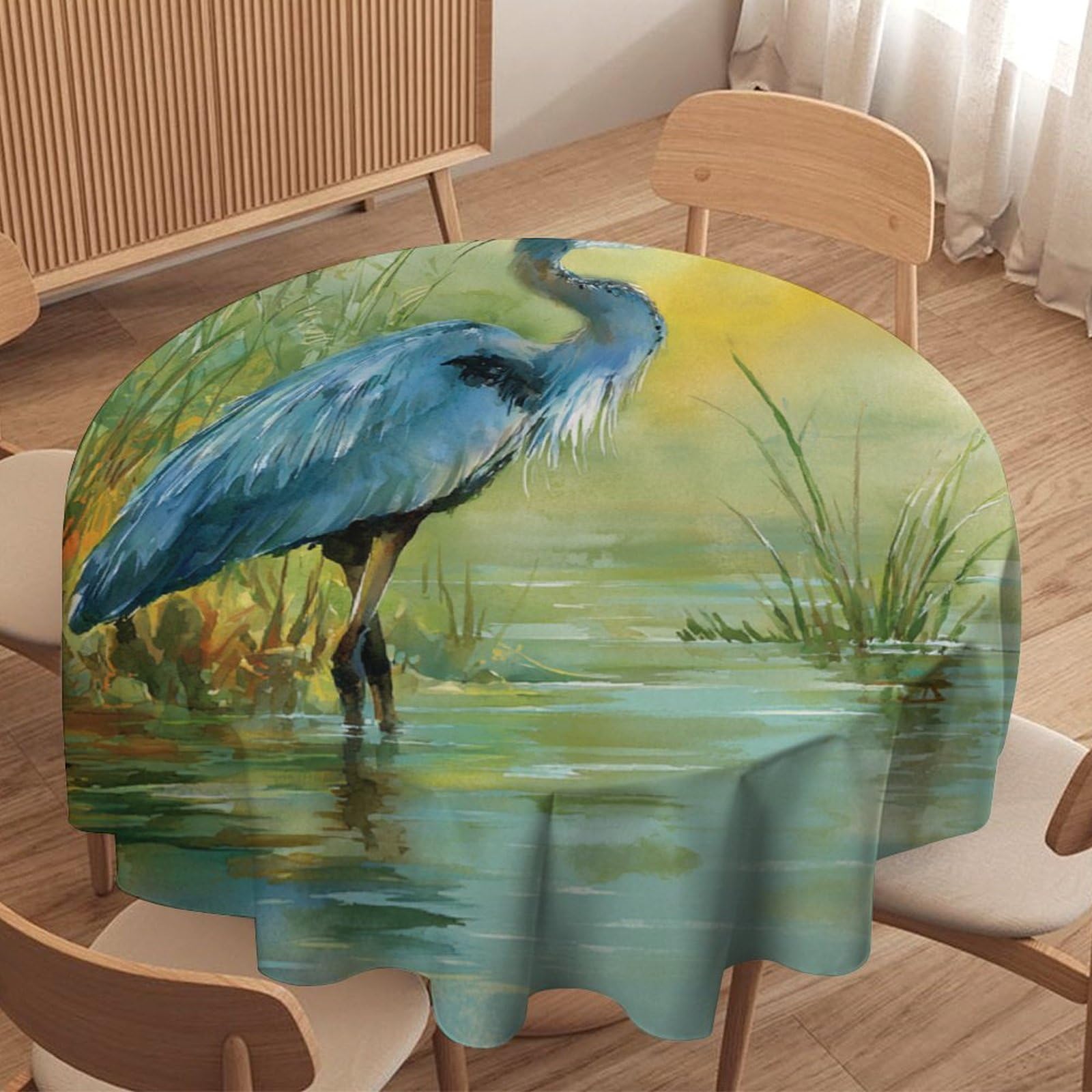 LUYYSKY Beautiful Retro Blue Heron Waterproof Round Tablecloth Rustic Natural Spring Lake Animal Heron Pattern Washable Table Cover for Kitchen-91.4" Wx91.4 L cm