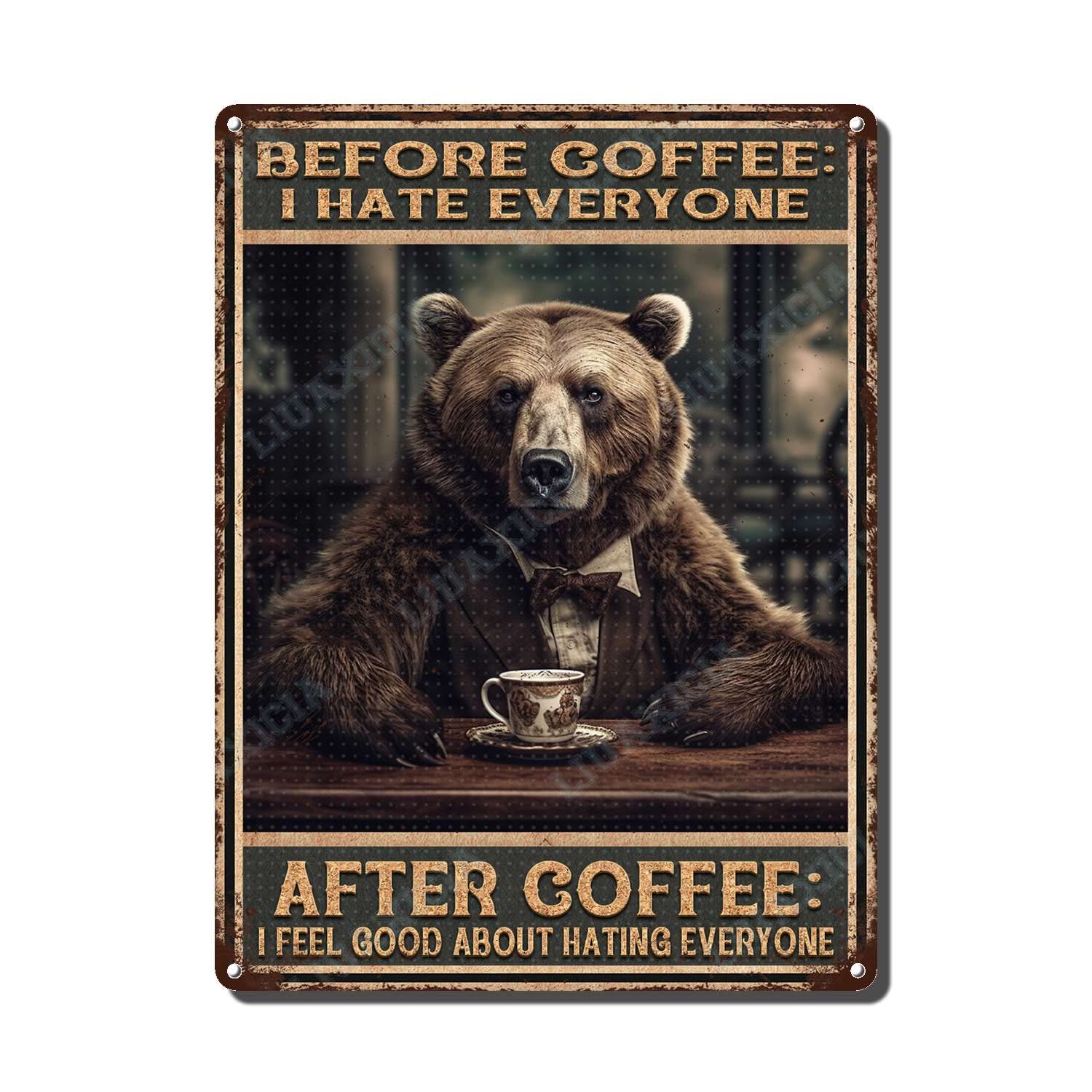peiyeety Metal Tin Sign Before And After Coffee Bear Vintage Decorative Wall Art,Retro Funny Coffee Lover Rustic Plaque for Home Kitchen Living Room Office,12x16 Inch
