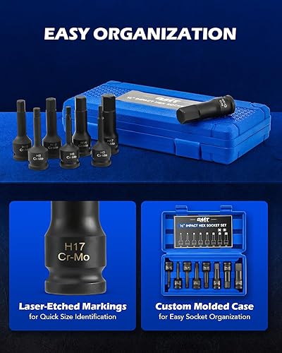 Miniatura 7 de Orion Motor Tech Juego de 8 llaves Allen hexagonales, 8 piezas de 12 pulgada de impacto Allen con llaves Allen H5 H6 H8 H10 H12 H14 H17 y H19, juego