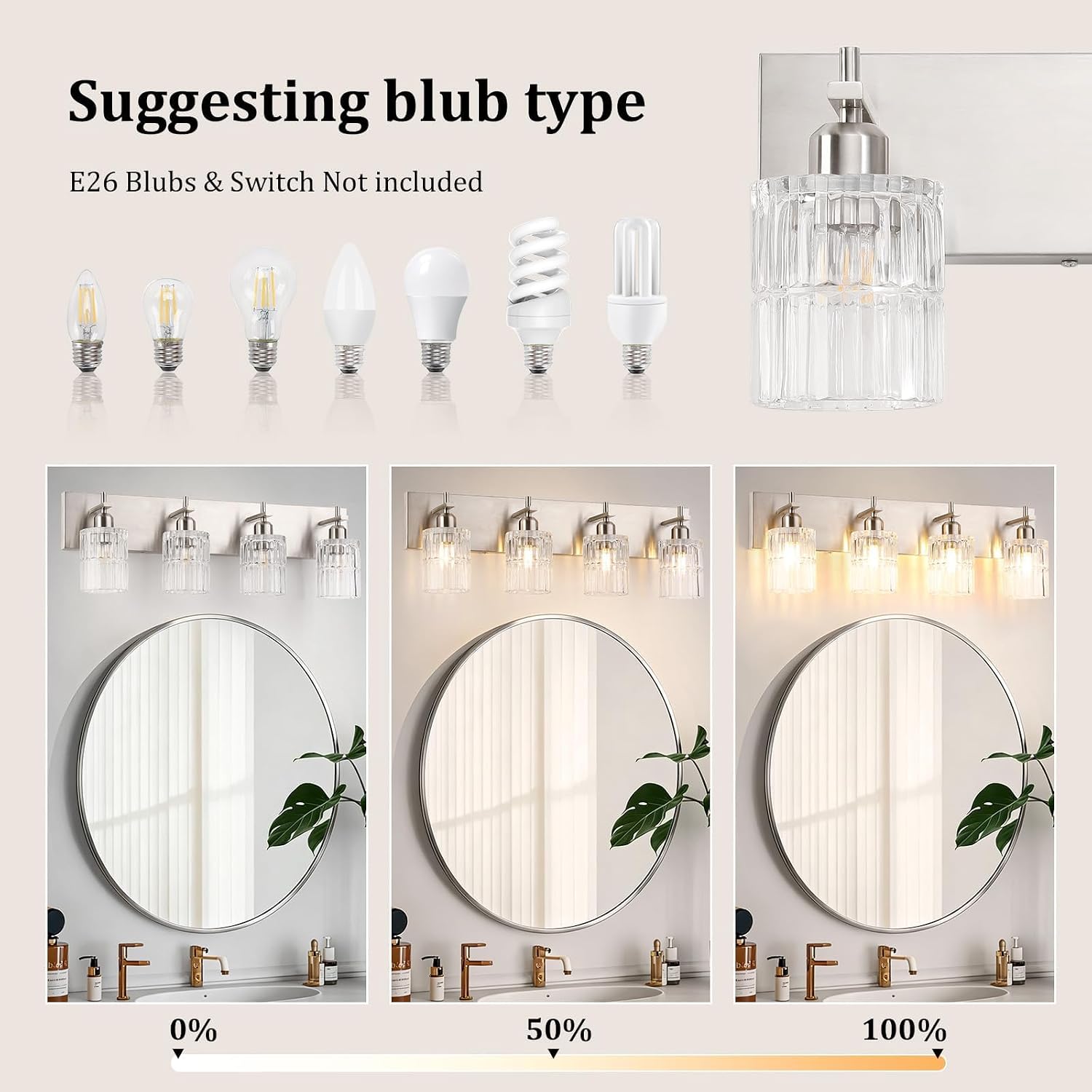 OCIOC 4-Light Nickel Bathroom Vanity Light Over Mirror, Brushed Nickel Bathroom Wall Lights with Glass Shades, Indoor Wall Mounted Lamp for Living Room Bedroom Hallway