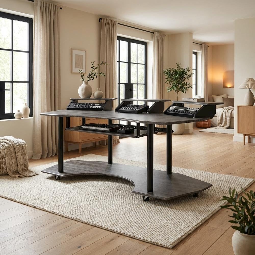Black Oak Music Recording Studio Desk, Contemporary Steel and PVC Veneer Finish, Spacious Work Surface for Home and Professional Use