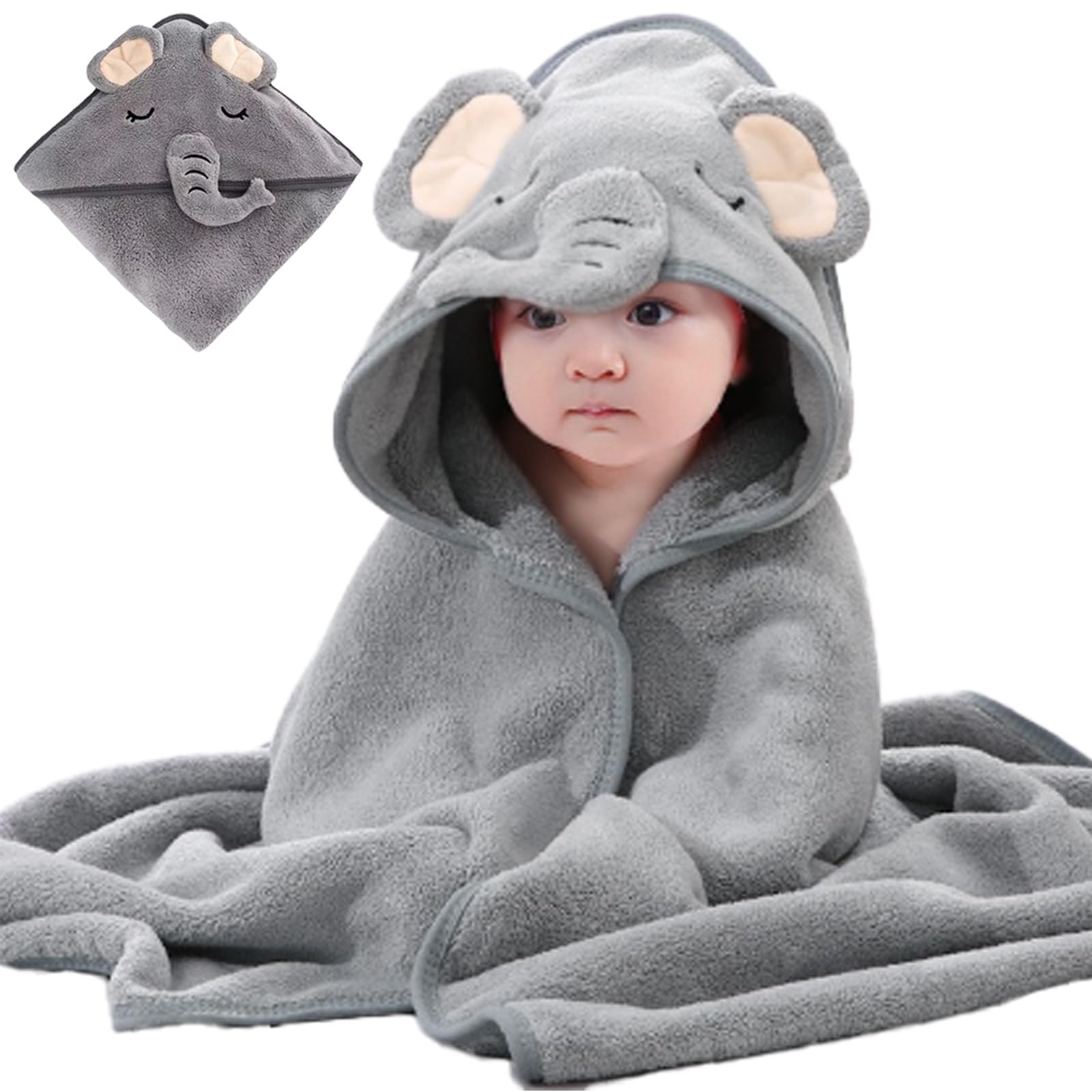 Sumneo Kapuzenhandtuch Baby mit Tierkapuze 80x80 cm - Kuschelweiches & Hochsaugfähiges Baby Handtuch aus Korallenvlies für Neugeborene und Kleinkinder, Unisex, (Grauer Elefant)