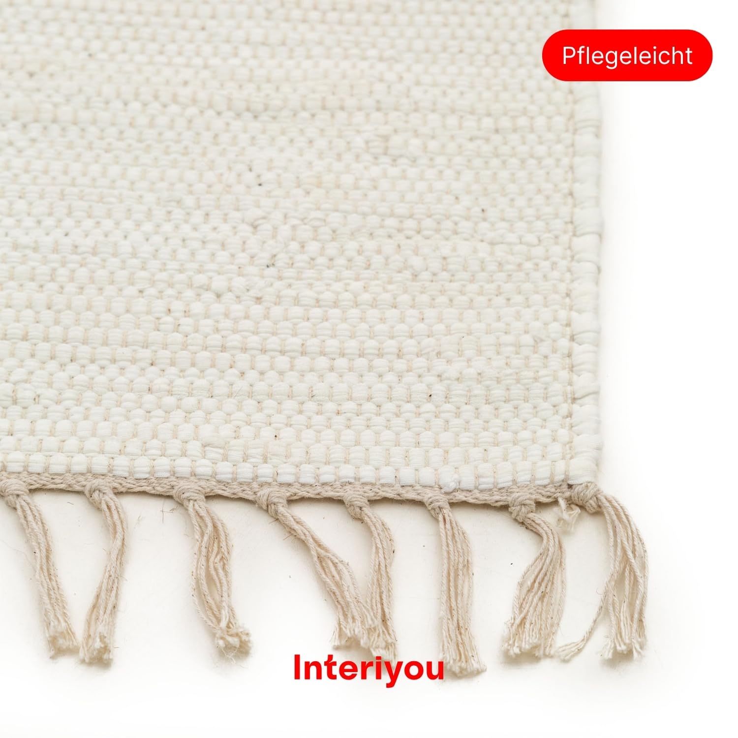 Interiyou Toledo Teppich aus Baumwolle - 70x200 cm Weiß - Handgewebter Teppich mit Fransen für Wohnzimmer, Schlafzimmer, Kinderzimmer, Esszimmer, Küche oder Flur