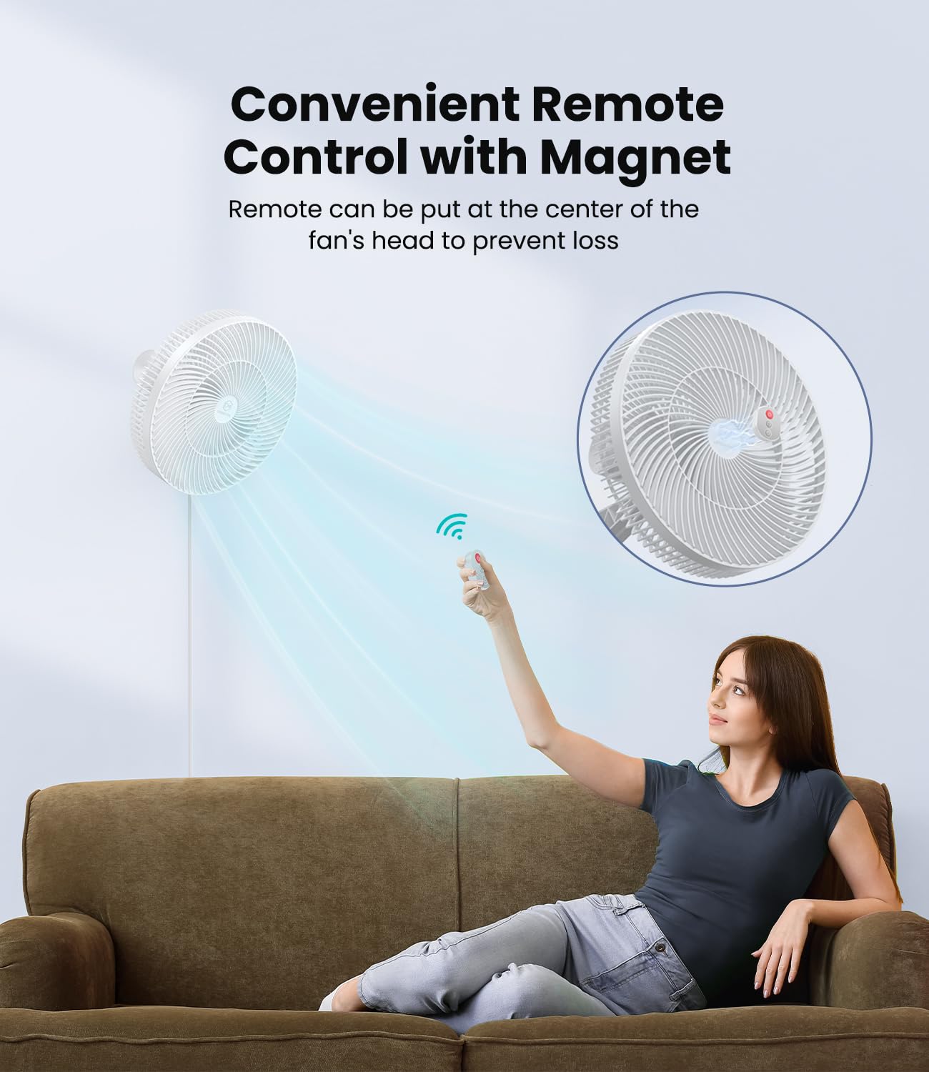 Ventilador de pared de 12 pulgadas con control remoto, oscilación de 90°, temporizador de 4 velocidades e inclinación ajustable, cable de 8.2 pies, silencioso, ideal para el hogar 5