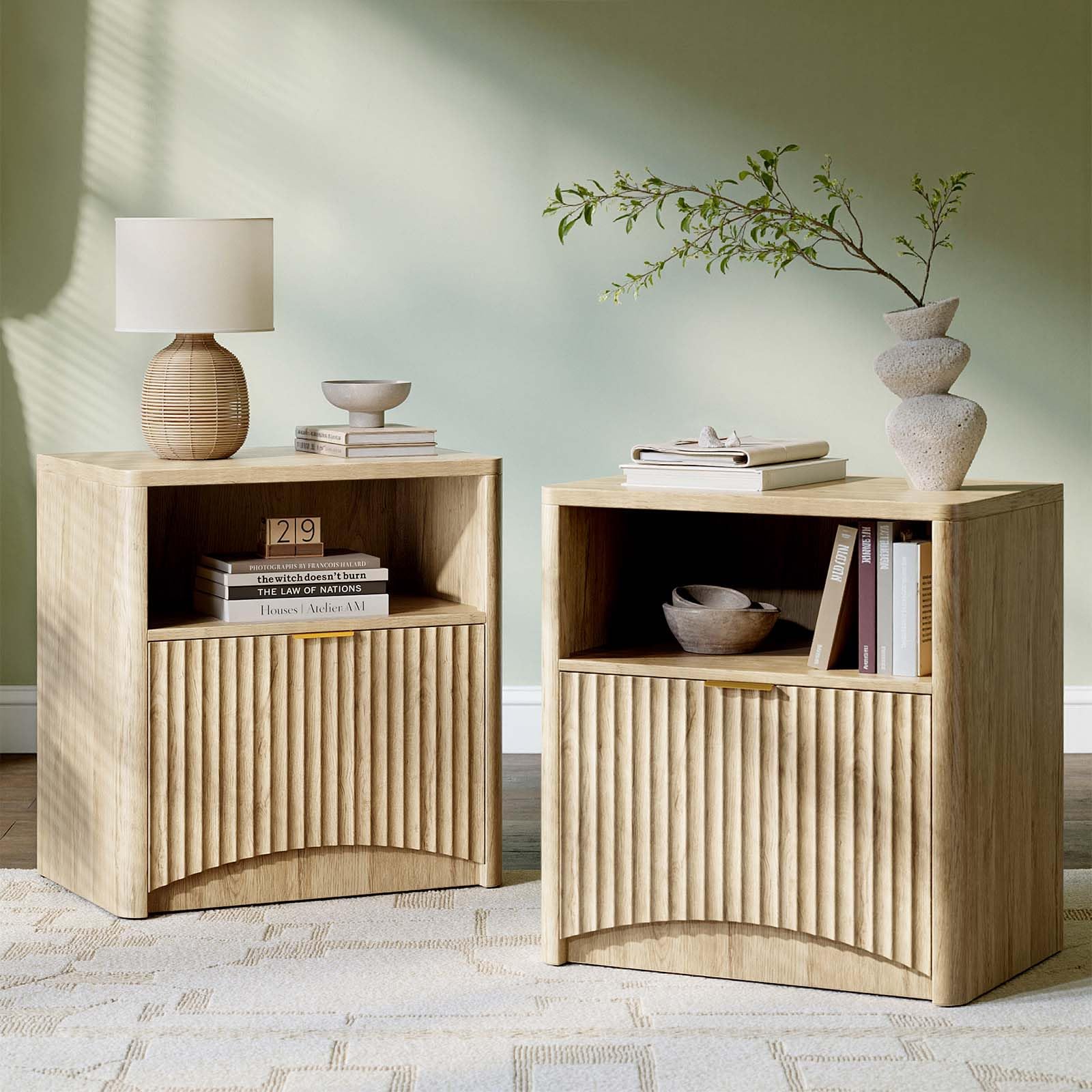 Evermagin Fluted Nightstand Set of 2, Natural Oak Bedside Table with Drawer