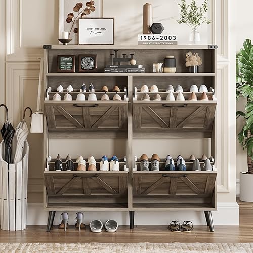 Miniatura 6 de Armario de zapatos con 4 cajones abatibles, armario de almacenamiento de zapatos estilo granja para entrada, organizador estrecho independiente con