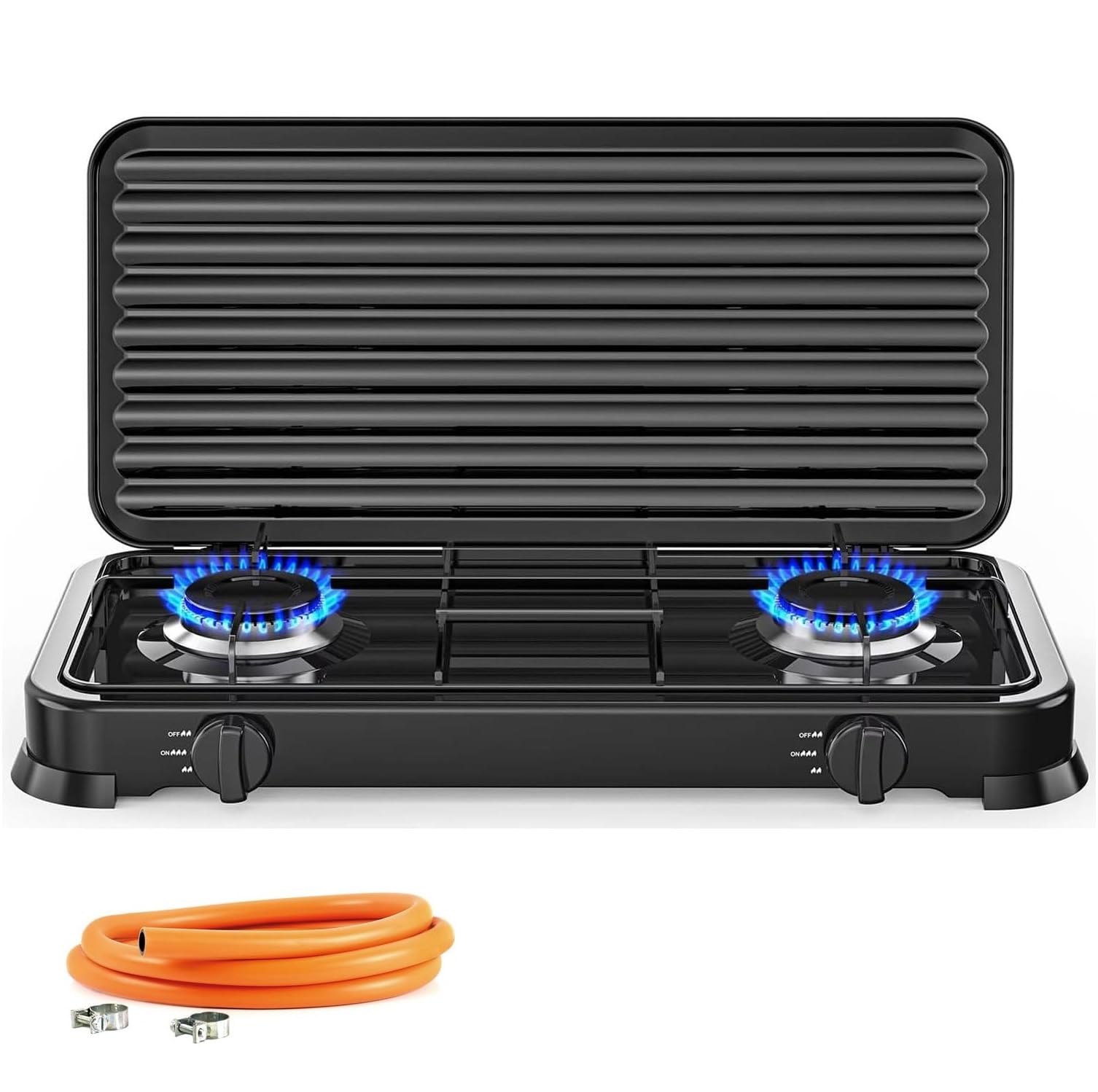 Cocina Hornillo de gas portatil para camping y exterior con 2 quemadores, 30 – 50 mbar, placa de gas con tapa protectora, manguera de presión para butano incluido