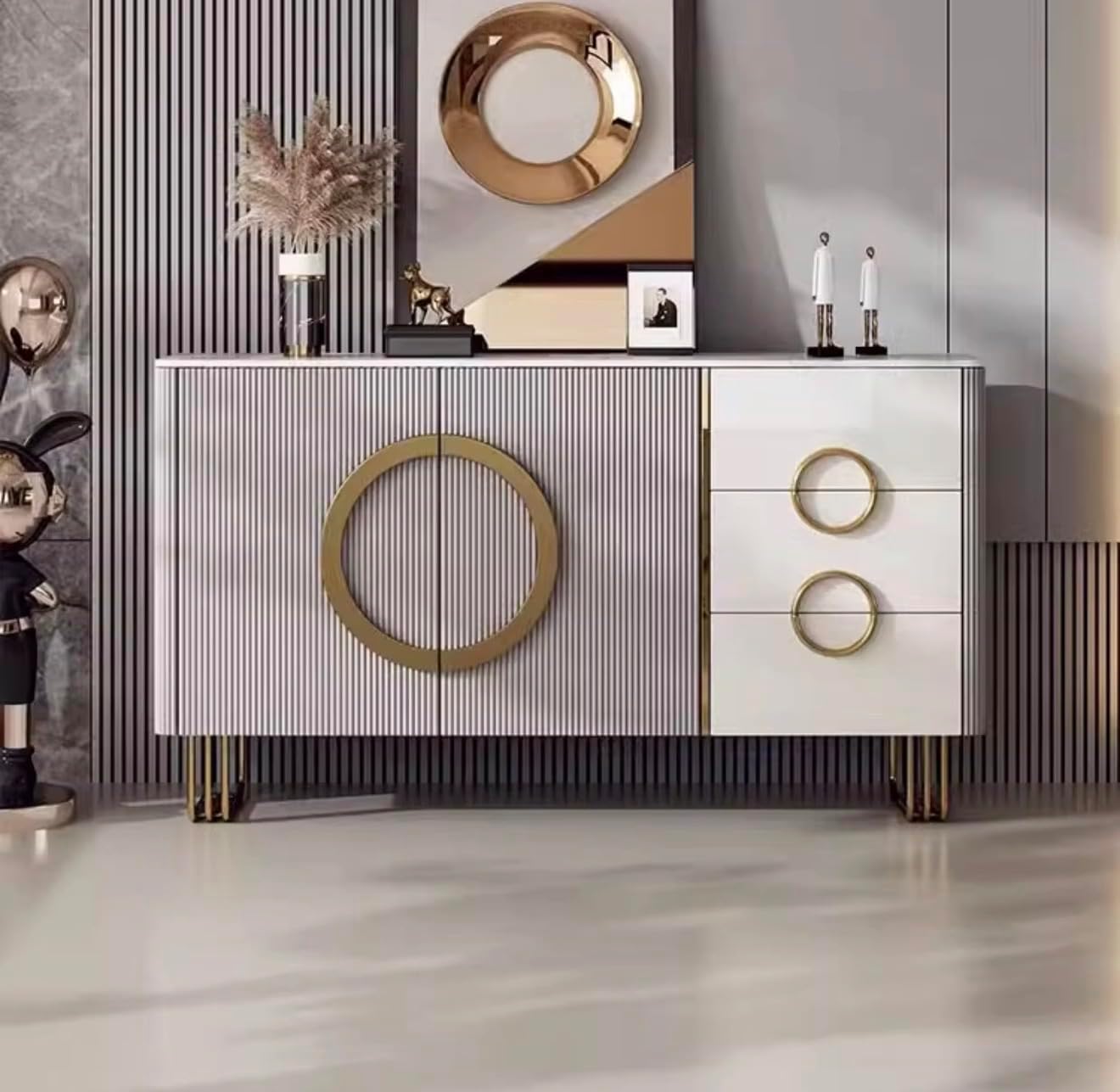 Modern Luxury Sideboard with Marble Top, Fluted Cabinet, Gold Ring Handles, White and Gray, for Living Room or Entryway