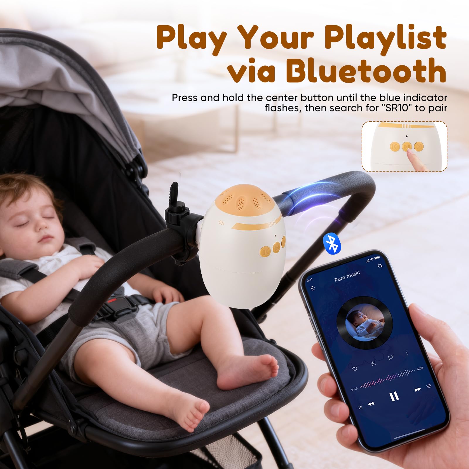 Altalena per Passeggino, Ricaricabile USB-C per Bambini & Timer da 40min, Intensità Regolabile e Timer, Passeggino con 11 Bianco Rumore per Passeggino e Passeggino