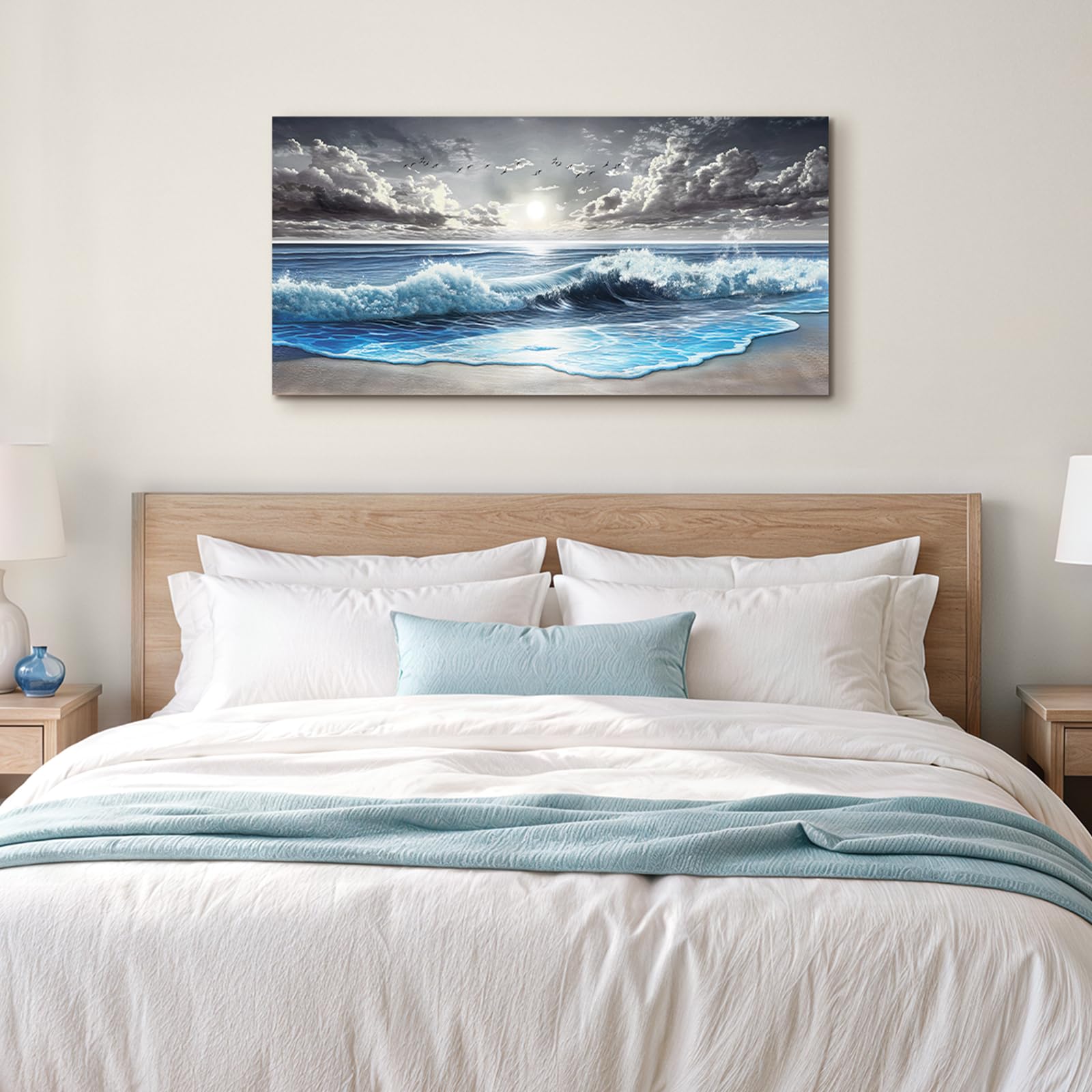 SERIMINO Cuadros Decoracion Laminas Playa Mar Modernos Grandes 50x100 cm | Costa Azul Ondas, Lona Protegida Madera, Impresión Hd Nítido, Montaje Sencillo, Multi Espacios