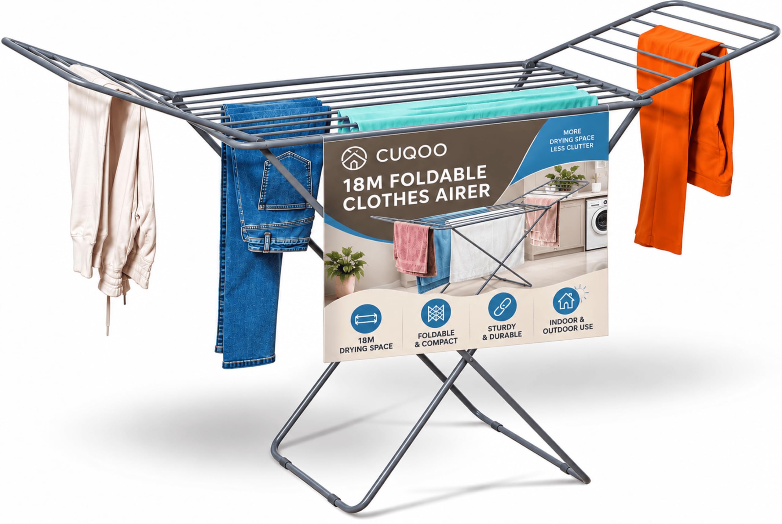 CUQOO Clothes Airer Foldable | Indoor Drying Rack Clothes Horse, 22 Bars | HEAVY-DUTY BUILD: Stainless steel 18m laundry airer with non-slip feet, compact folding design for everyday washing