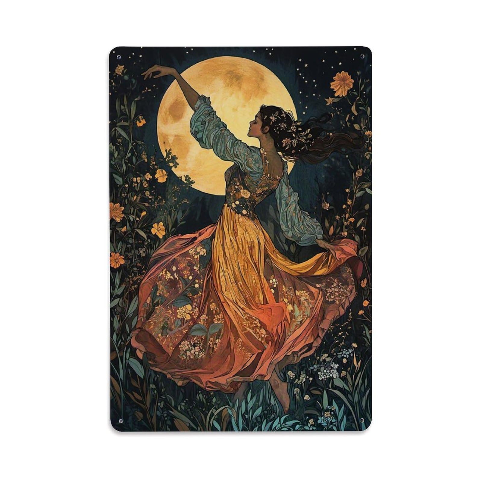 Jdfenggu Vintage Floral Moonlit Dance Pattern Print Retro Metal Tin Sign, Metal Poster For Bar, Home, Man Cave, Kitchen, Laundry Room Art Decor 8X12 Inch