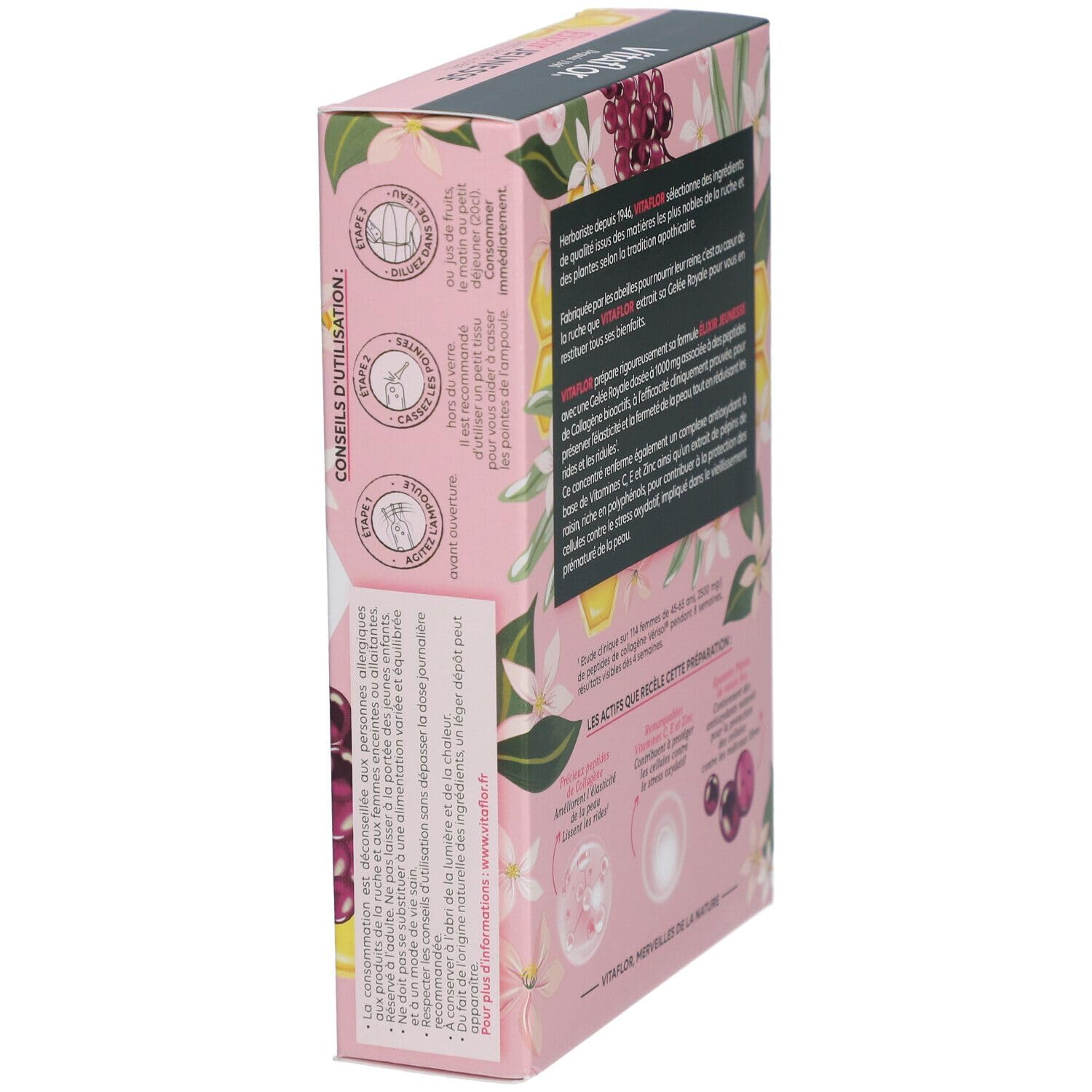 ÉLIXIR JEUNESSE Collagène 2500 mg & Gelée Royale 1000 mg | 20 Ampoules | Complexe Antioxydant Vitamines C, E & Zinc | Complément Alimentaire Anti-Âge | Fermeté & Élasticité de la Peau | VITAFLOR