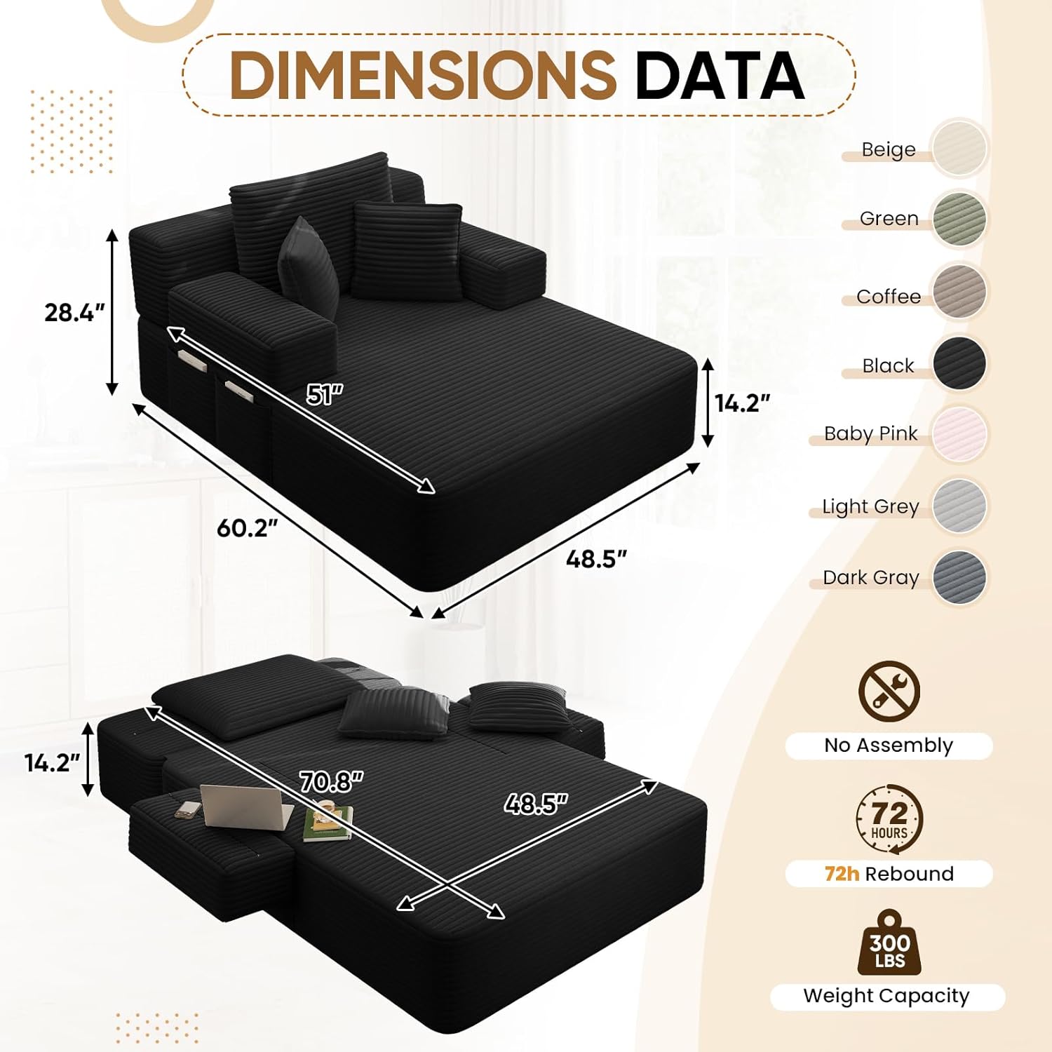 60.2"D Oversized Chaise Lounge Chair Indoor, 2-in-1 Corduroy Comfy Boneless Sofa Chair with Flipable Armrest & Backrest & Side Pocket, Cloud Sleeper Sofa Couch Bed for Living Room, Bedroom(Black)